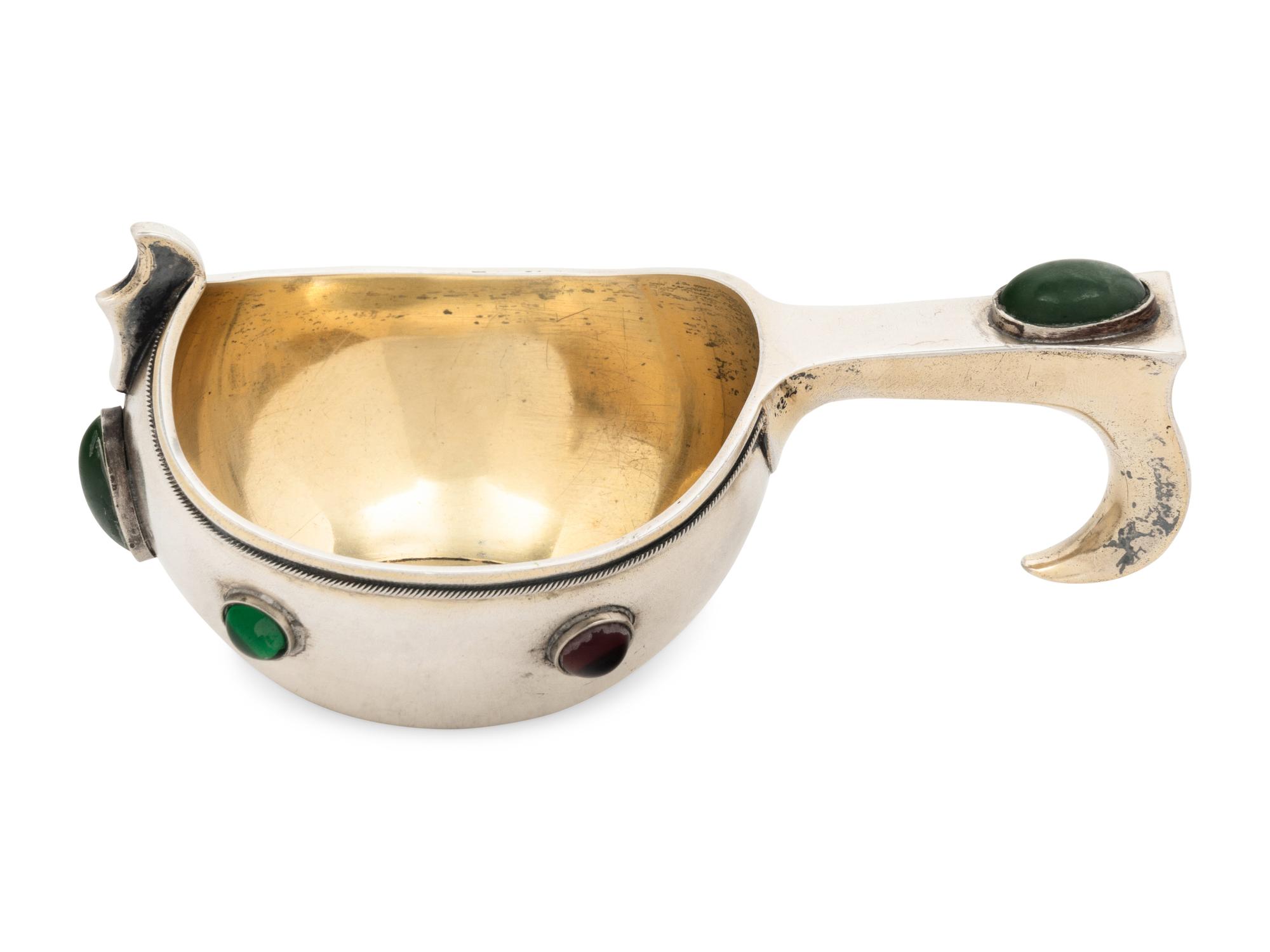 A Russian Silver and Cabochon Mounted Kovsh
