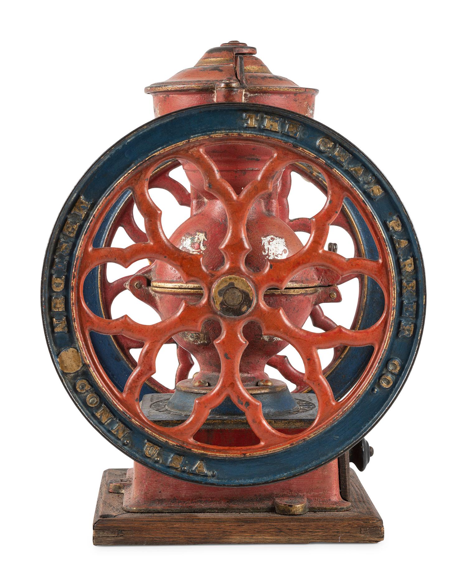 A Charles Parker No. 3000 Painted and Parcel Gilt Double-Wheeled Cast Iron Coffee Mill