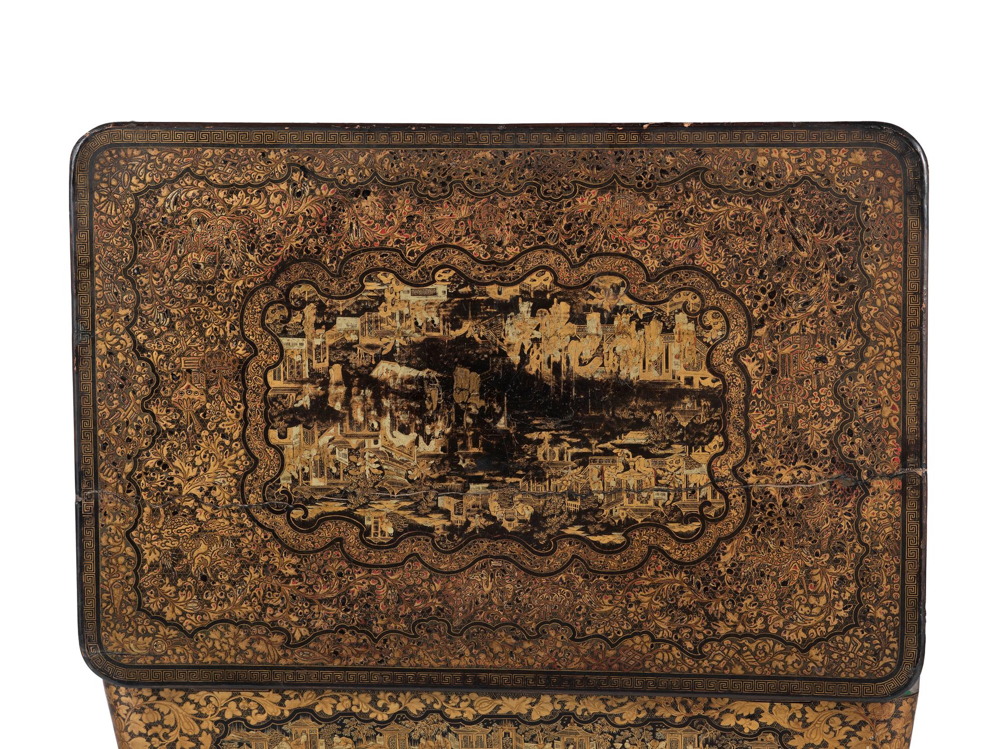 A Chinese Export Gilt and Black Lacquered Sewing Table