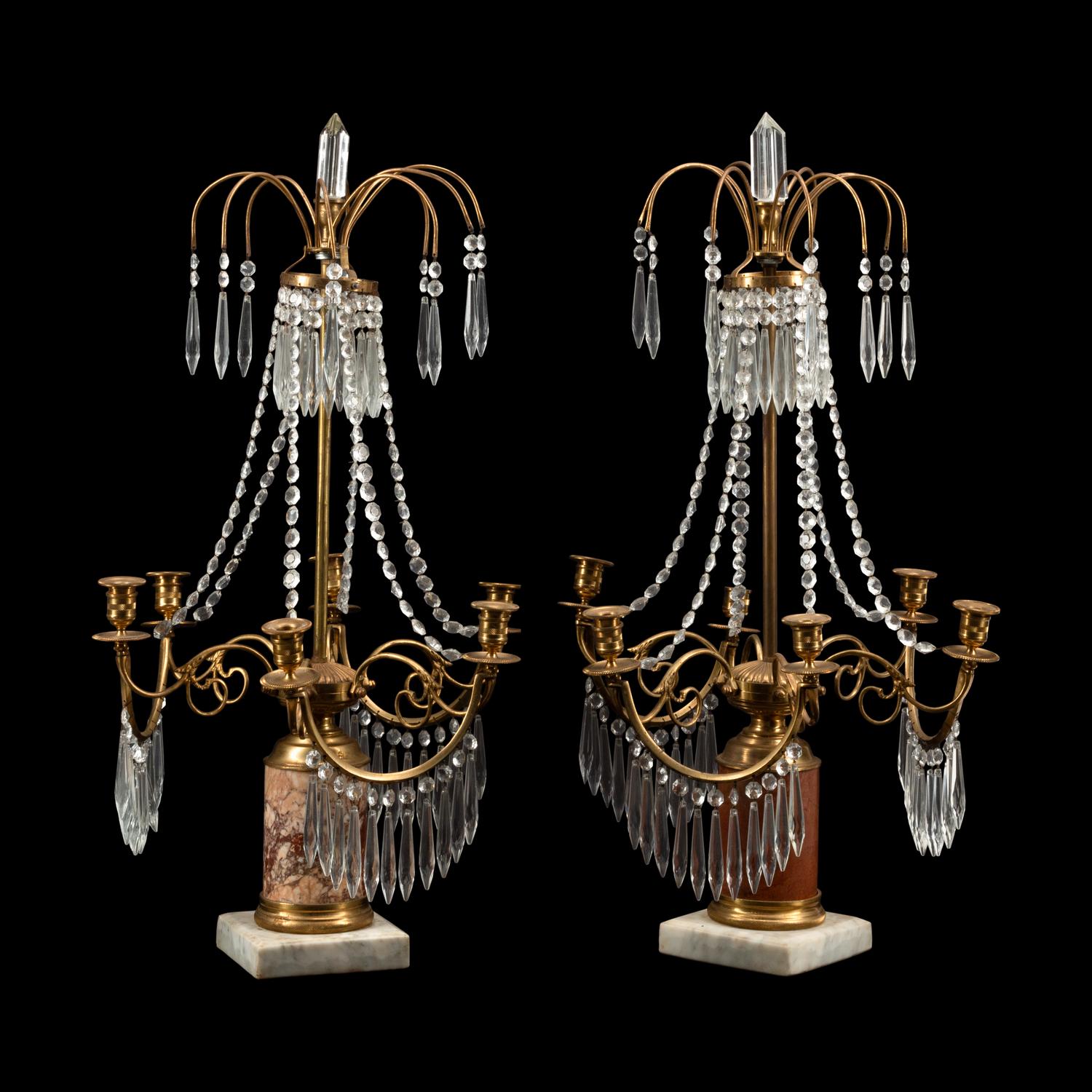 A Near Pair of Baltic Style Gilt Bronze, Marble and Cut Glass Six-Light Candelabra