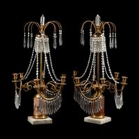 A Near Pair of Baltic Style Gilt Bronze, Marble and Cut Glass Six-Light Candelabra
