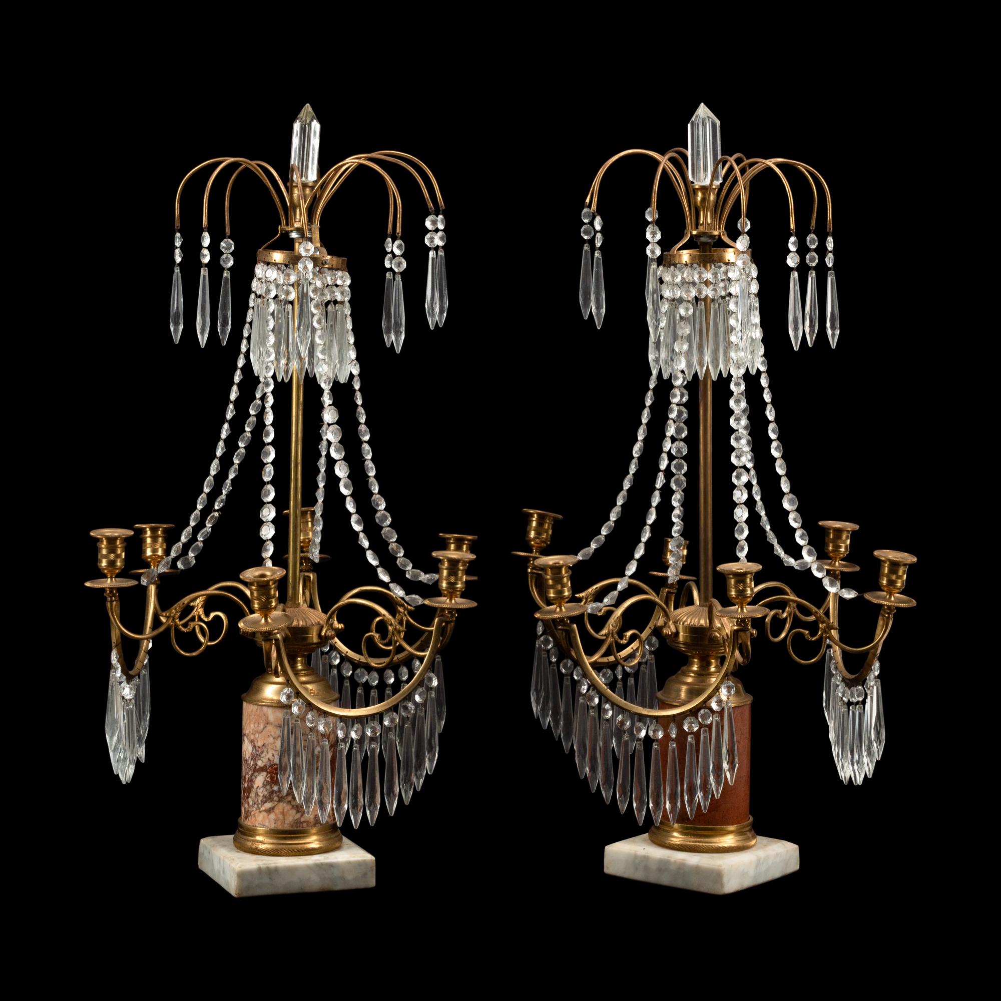A Near Pair of Baltic Style Gilt Bronze, Marble and Cut Glass Six-Light Candelabra