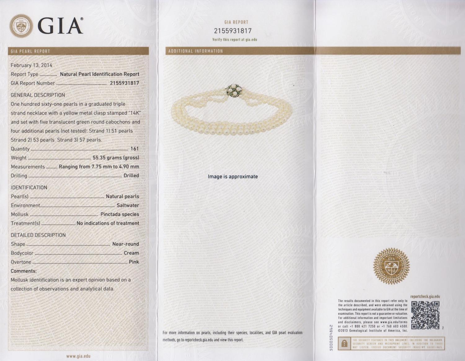 A Graduated Triple Strand Natural Pearl Necklace,