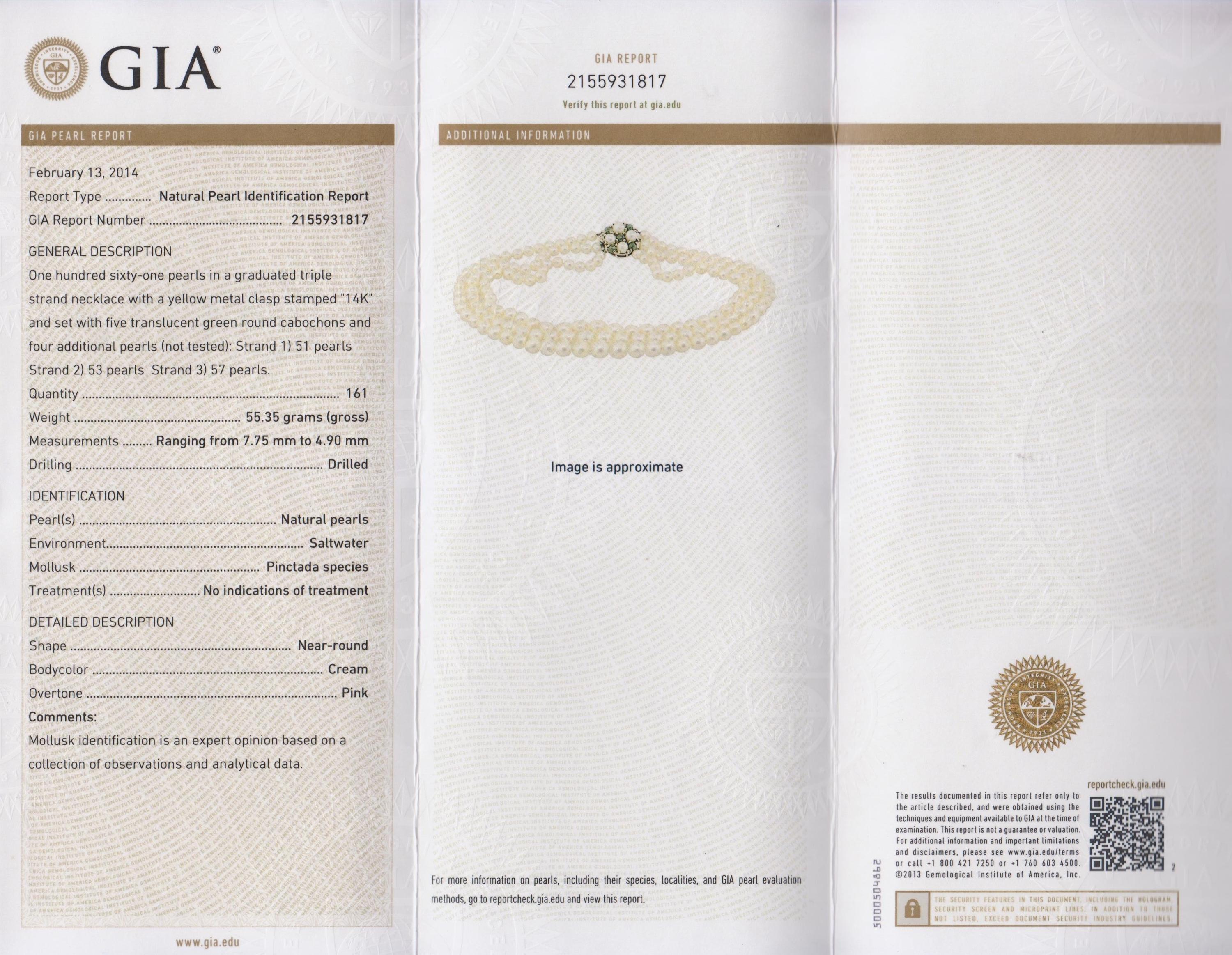 A Graduated Triple Strand Natural Pearl Necklace,