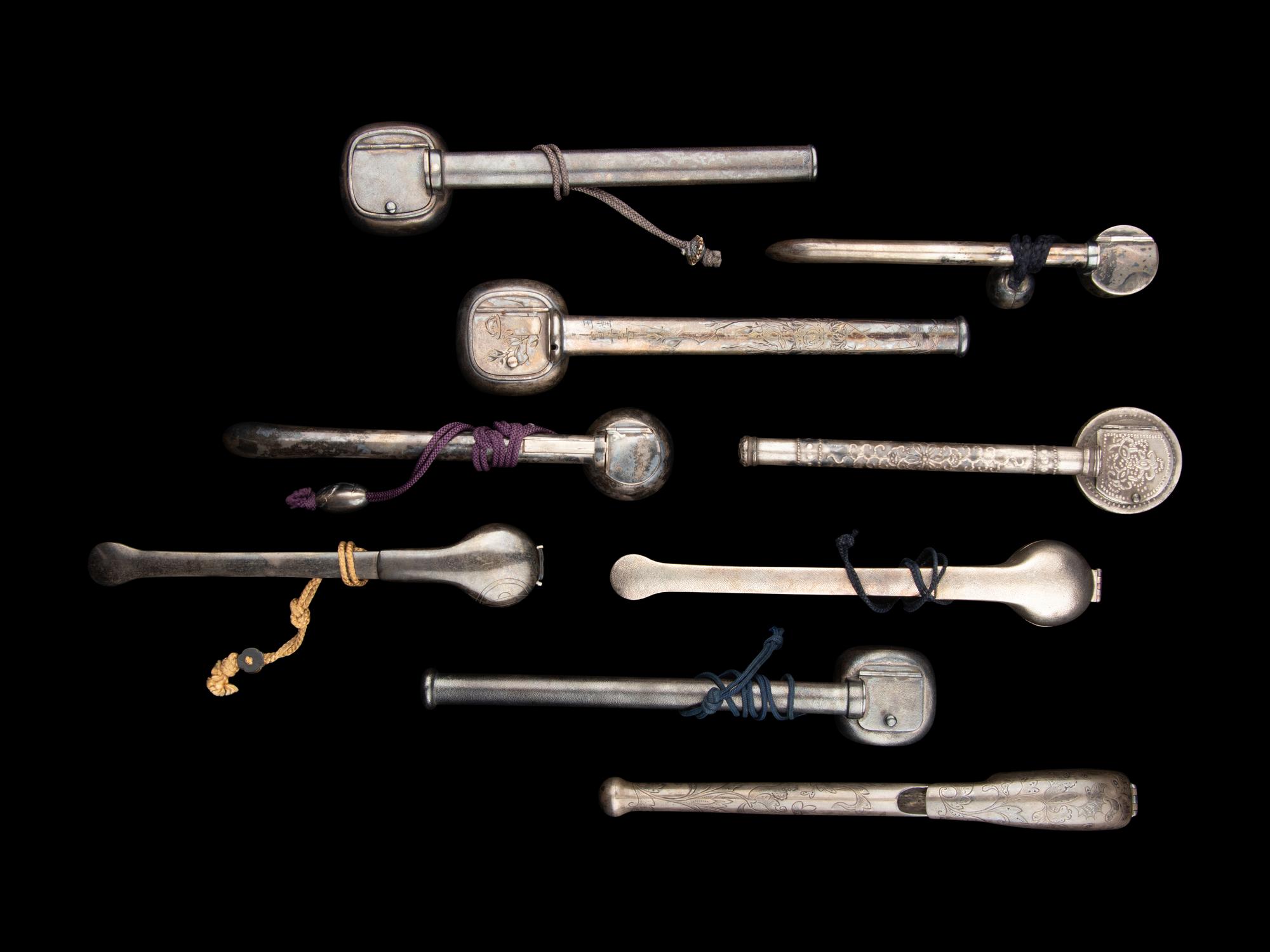 Nine Japanese Silver Portable Writing Sets, Yatate