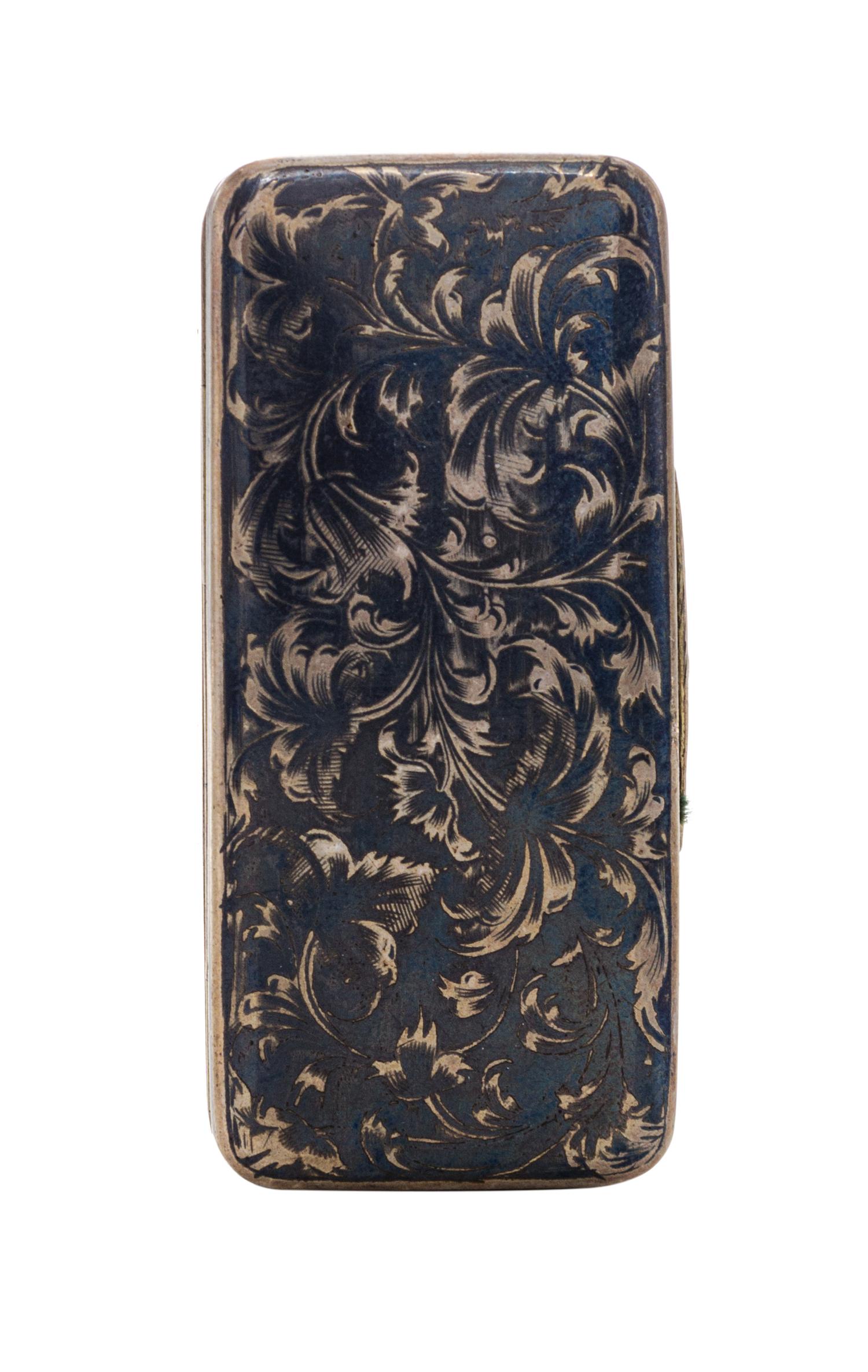 A Russian Niello Silver Snuff Box, Moscow, 19th Century, of rectangular form with floral scroll decoration.