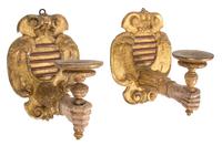 A Pair of Continental Painted and Giltwood Sconces Height 18 x width 14 x depth 18 inches. — 19TH CENTURY