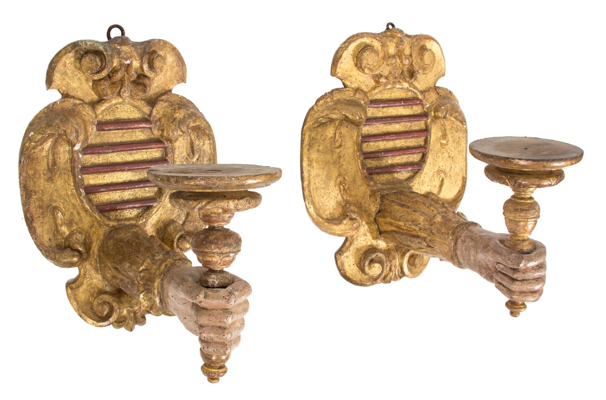 A Pair of Continental Painted and Giltwood Sconces Height 18 x width 14 x depth 18 inches. — 19TH CENTURY