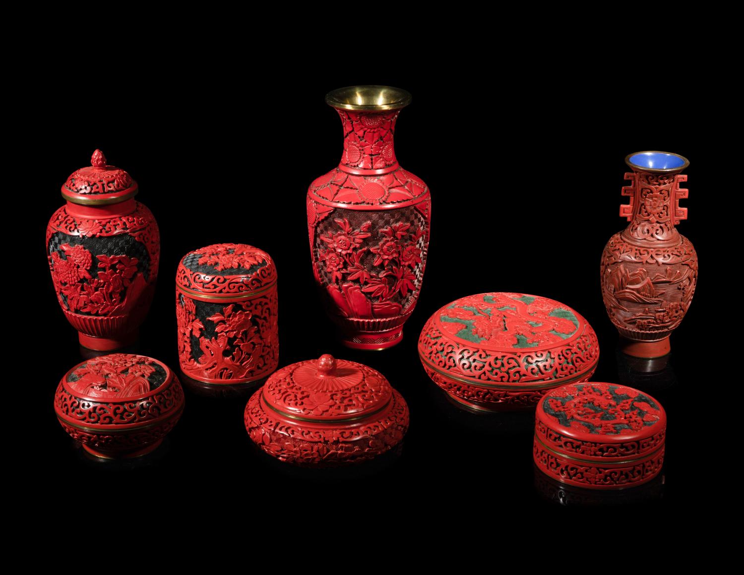 Eight Chinese Carved Red Lacquered Vessels