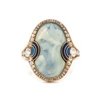 RENÉ LALIQUE, ART NOUVEAU, PATE DE VERRE, DIAMOND AND ENAMEL RING