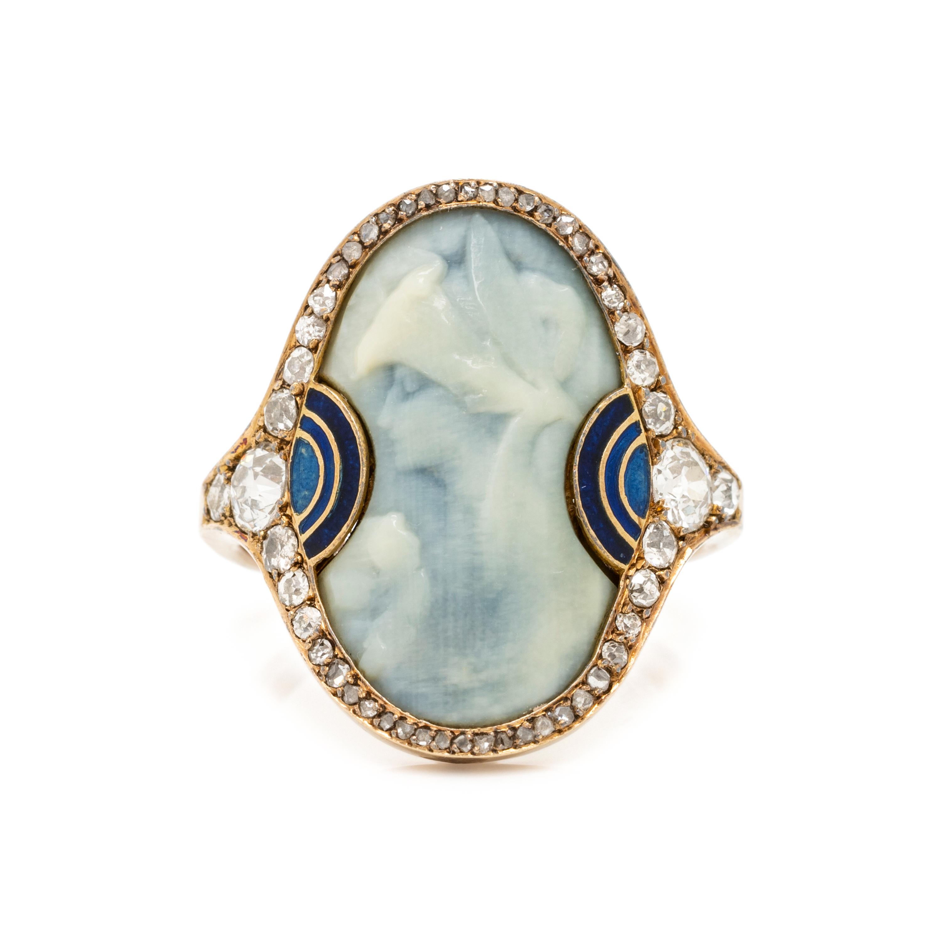 RENÉ LALIQUE, ART NOUVEAU, PATE DE VERRE, DIAMOND AND ENAMEL RING