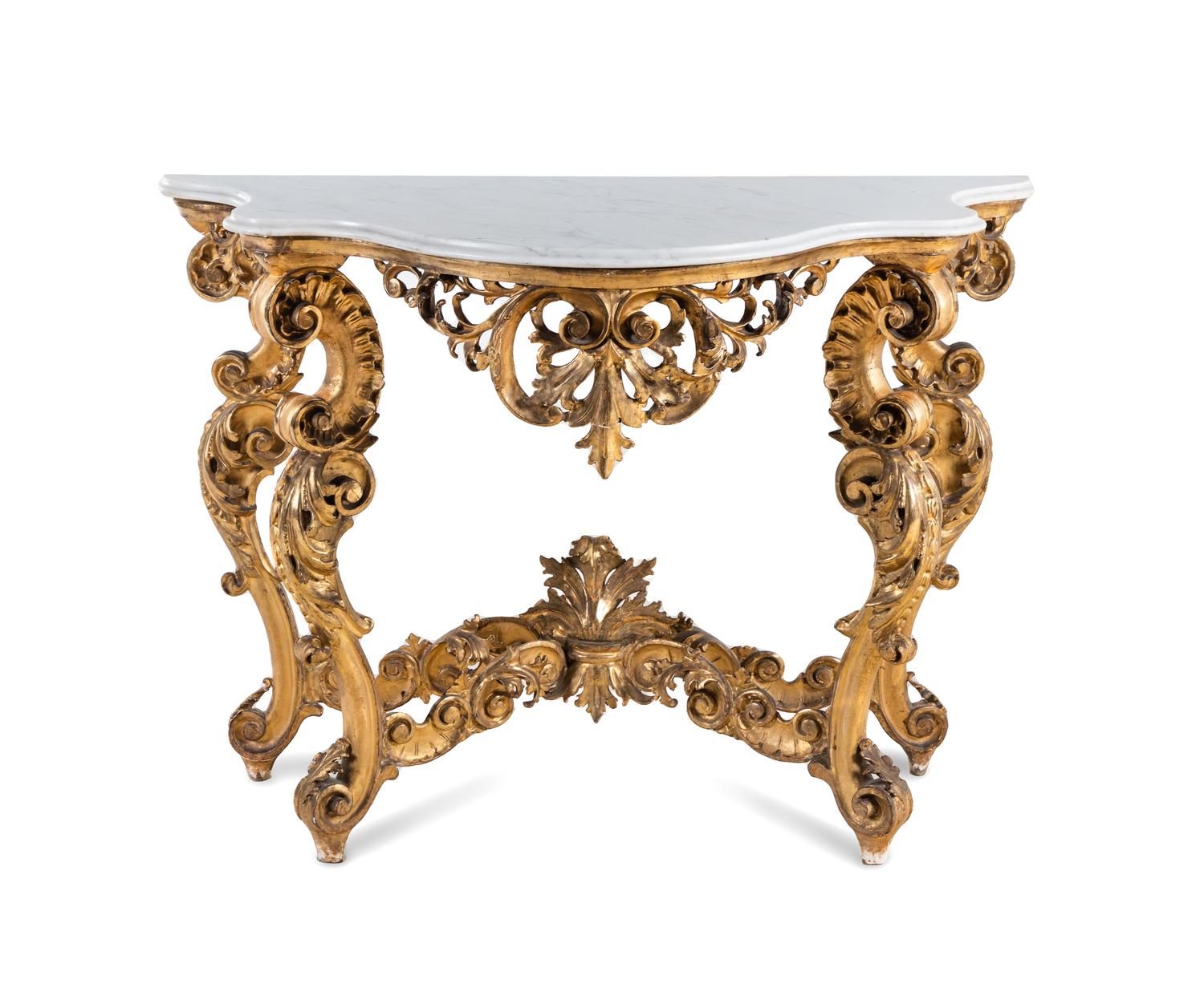 An Italian Rococo Giltwood Marble-Top Console Table