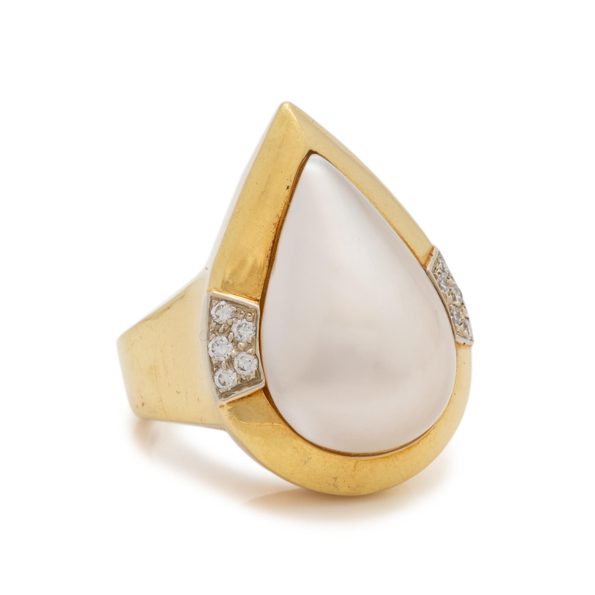YELLOW GOLD, CULTURED MABE PEARL AND DIAMOND RING
