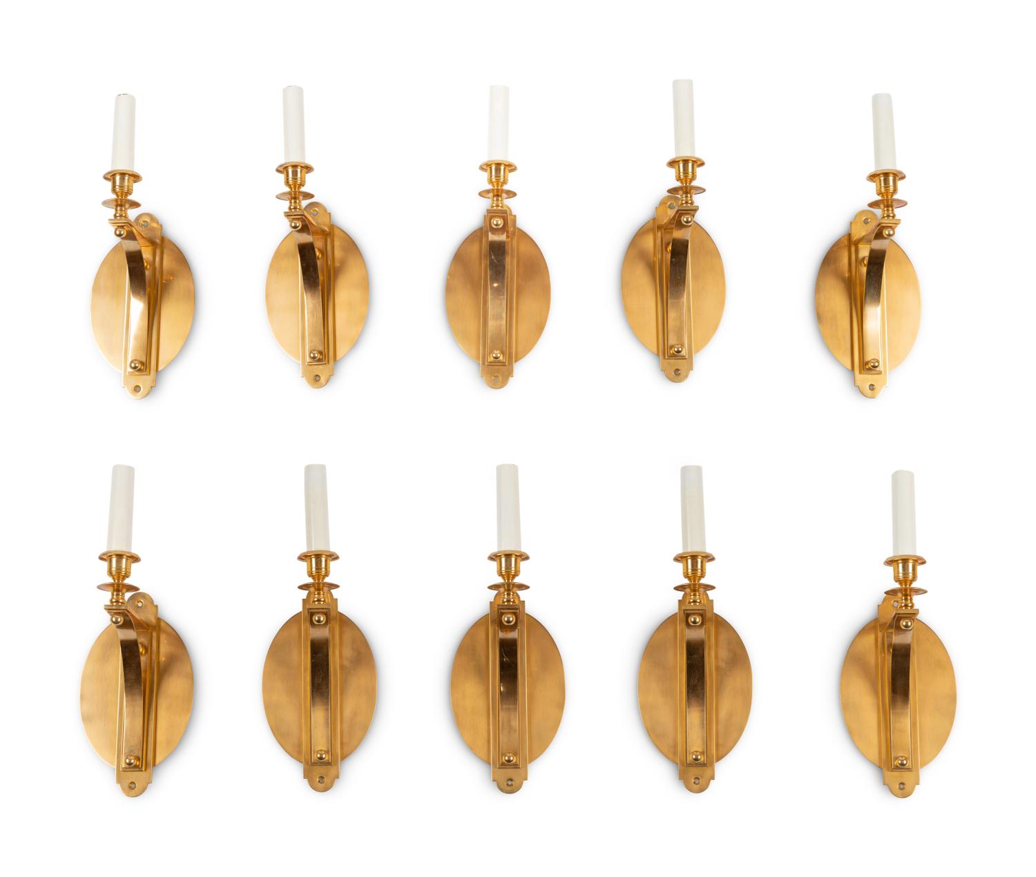 A Set of Ten Brass Single-Light Sconces with Custom Shades