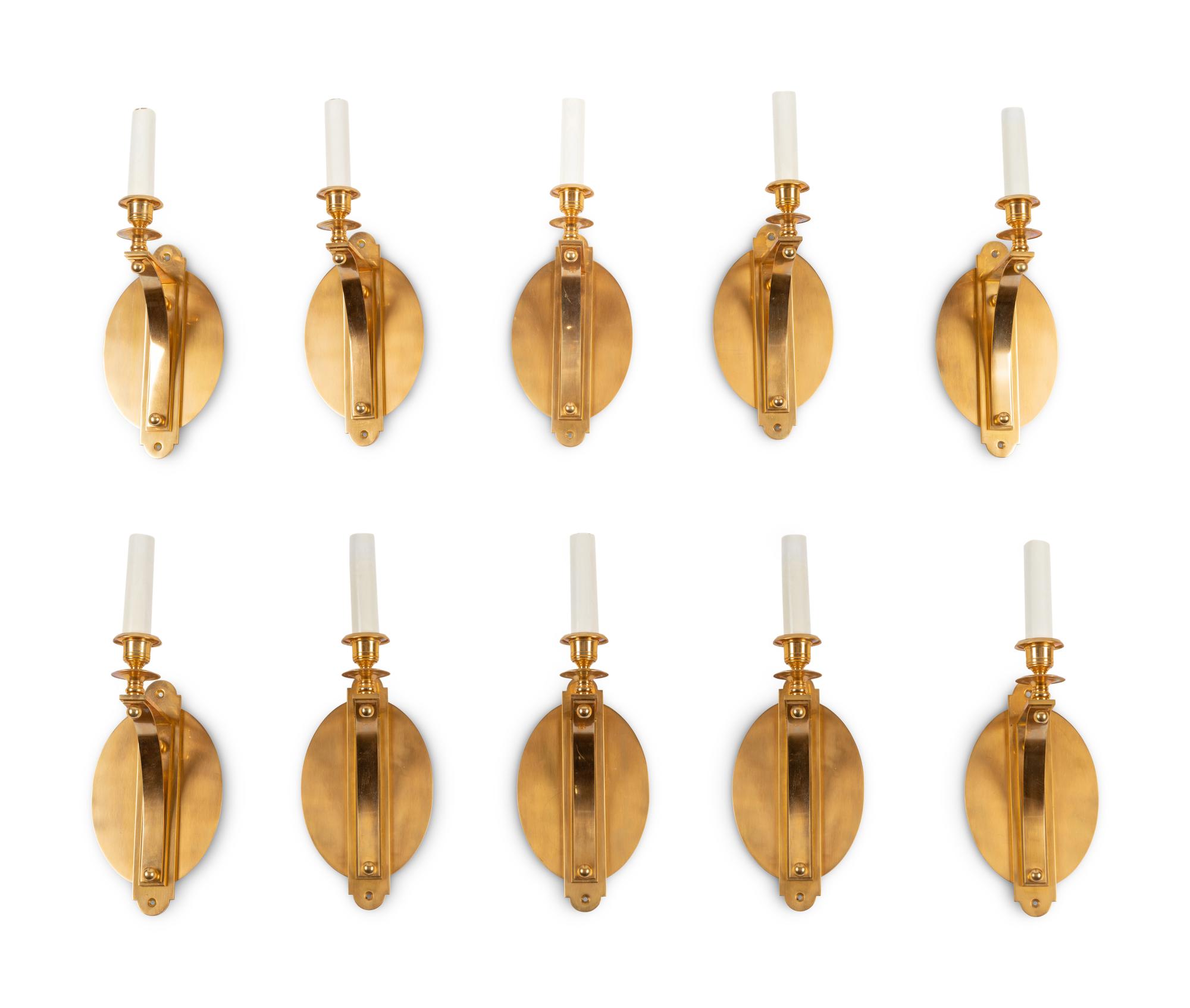 A Set of Ten Brass Single-Light Sconces with Custom Shades