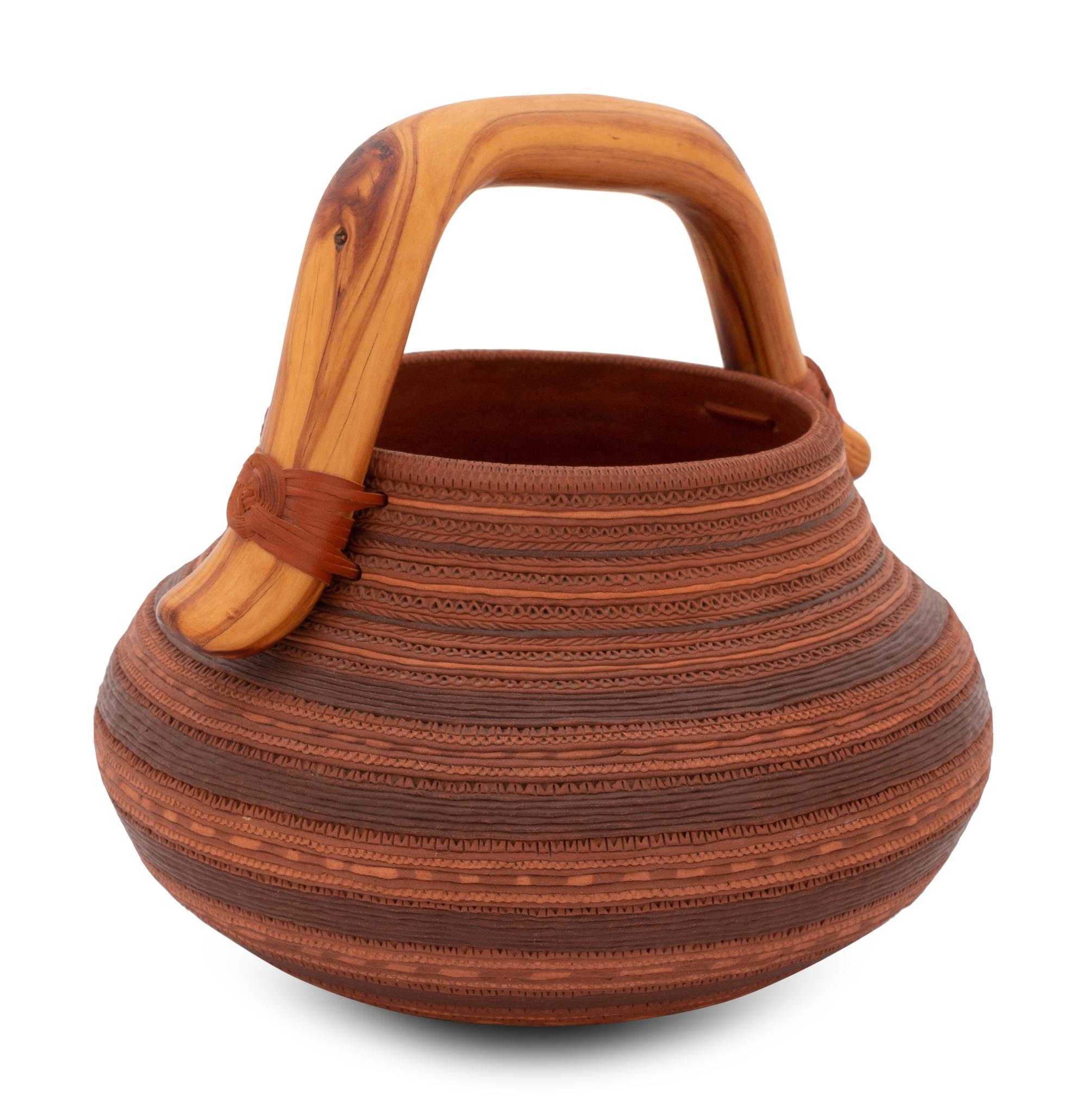 Corrugated Pottery Jar, with Wood Handle