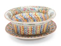 A Chinese Rose Medallion Reticulated Porcelain Basket and Underplate