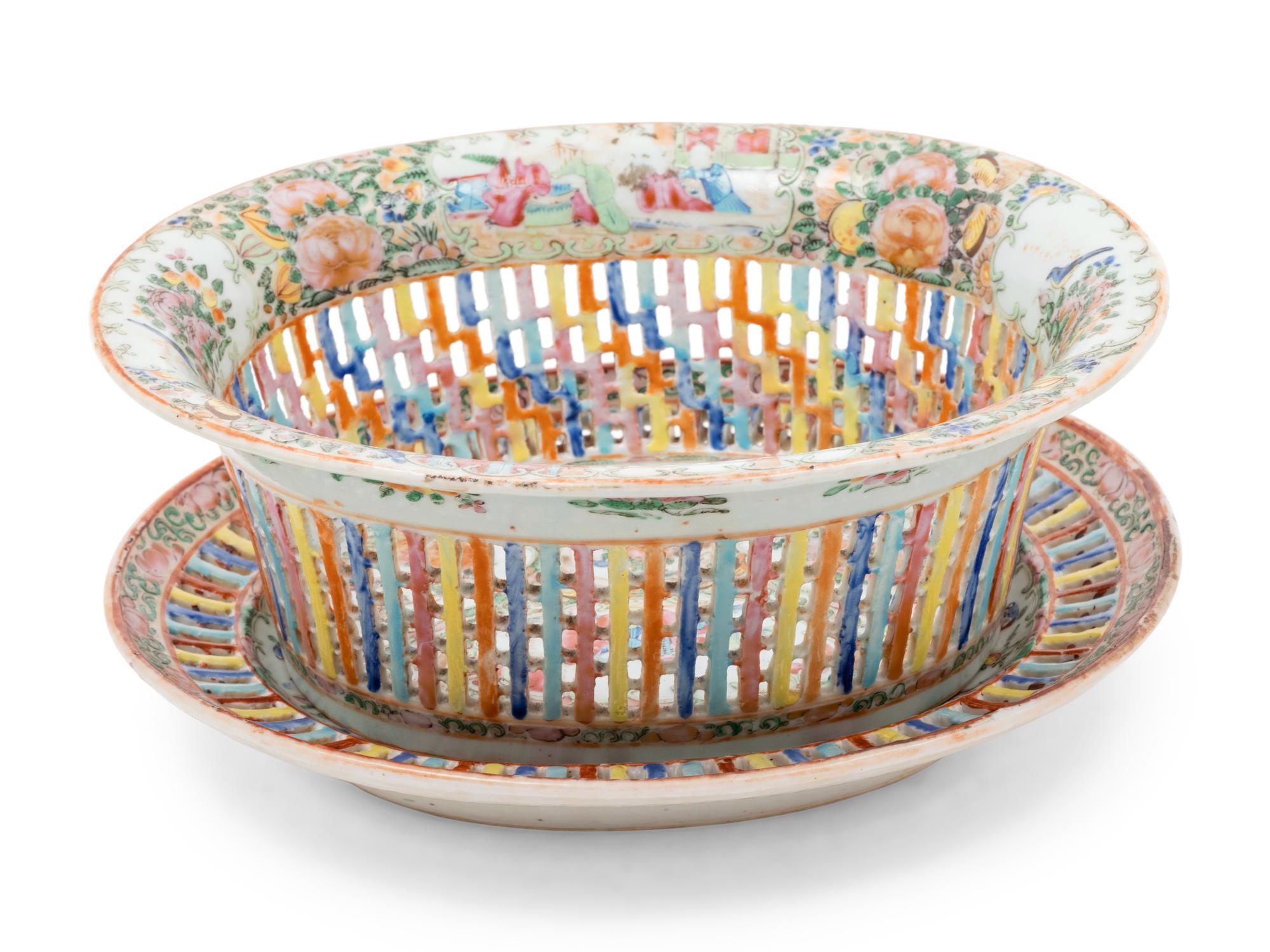 A Chinese Rose Medallion Reticulated Porcelain Basket and Underplate