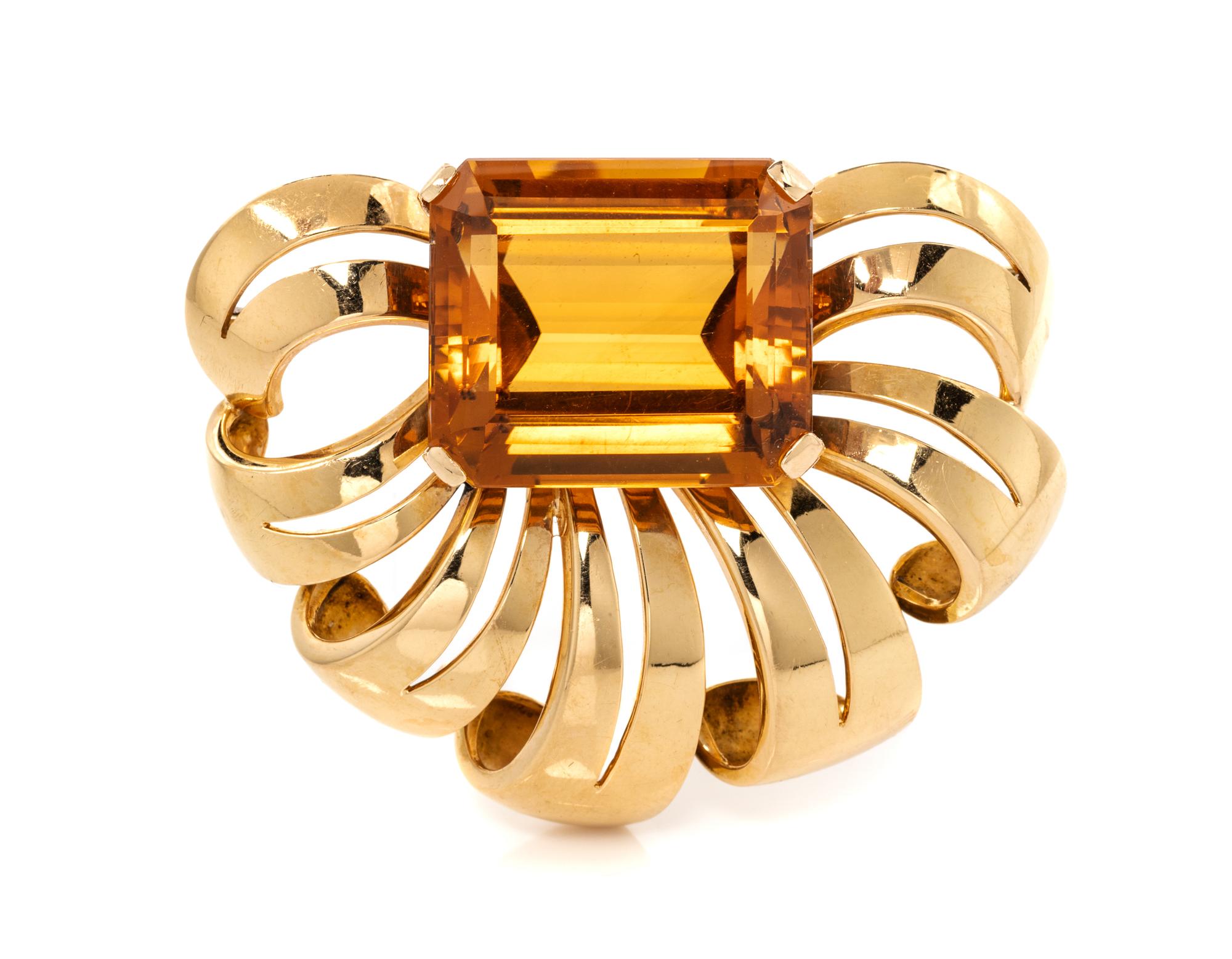 A Retro Yellow Gold and Citrine Brooch, 16.35 dwts.