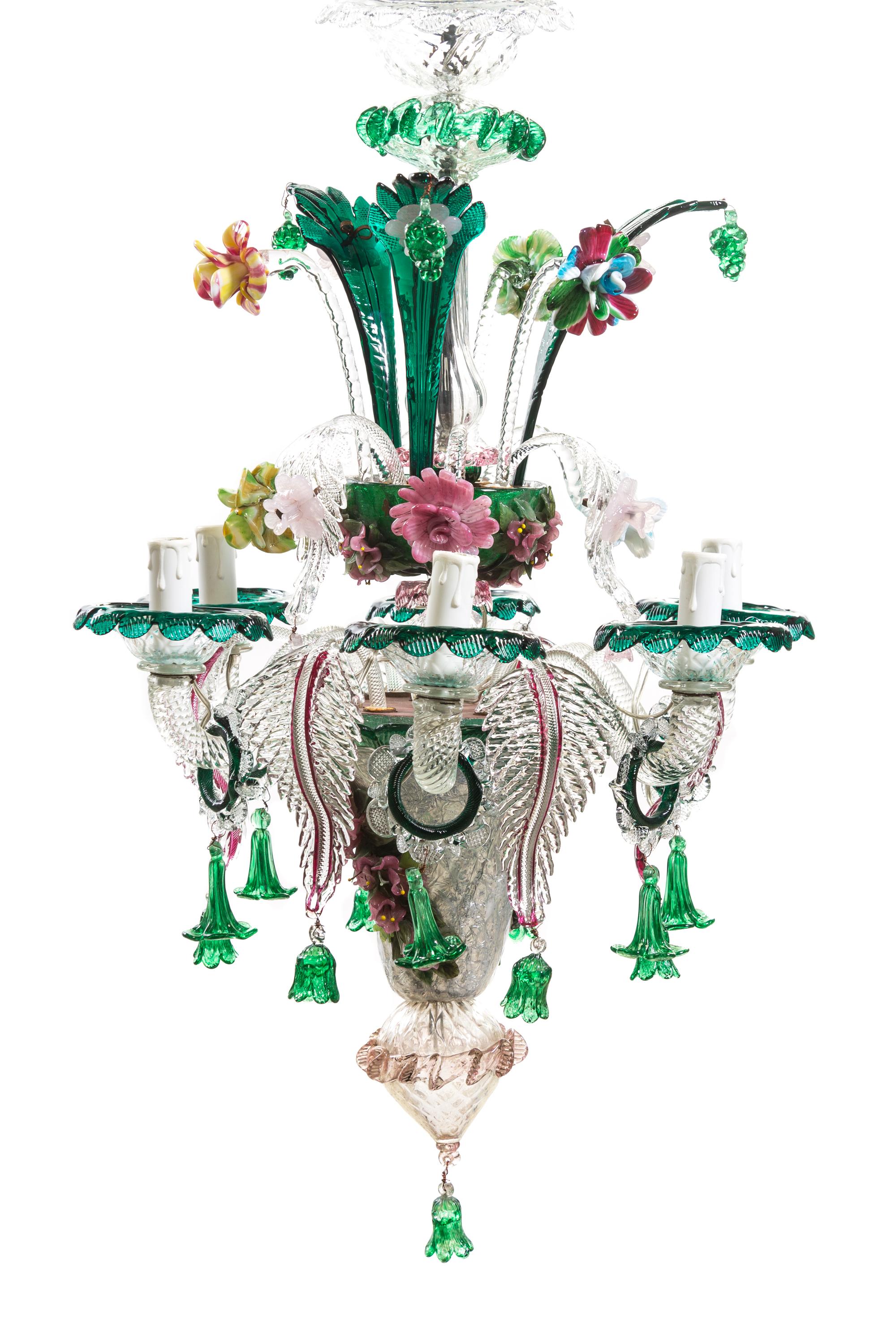 A Venetian Six-Light Chandelier, Height 29 1/2 inches.