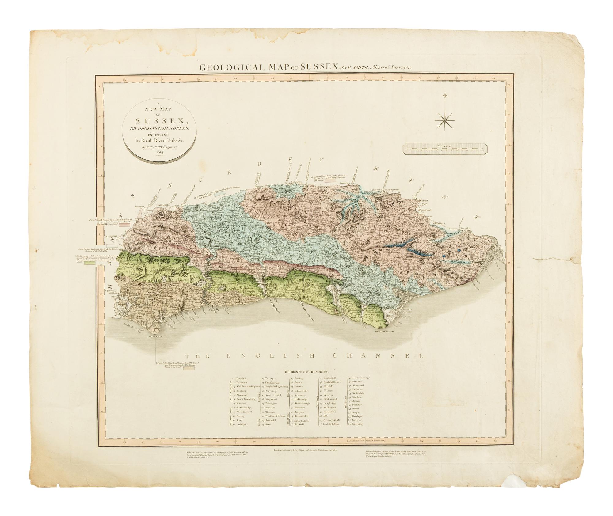 [Maps & Atlases]. Smith William. A New Map of Sussex, Divided into Hundreds, Exhibiting Its Roads, Rivers, Parks, &c.