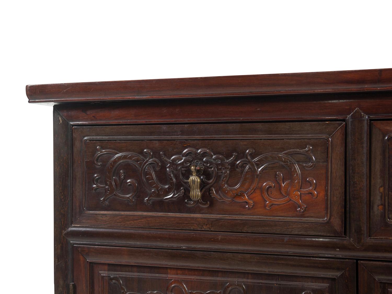 A Chinese Export Carved Hardwood Console Cabinet