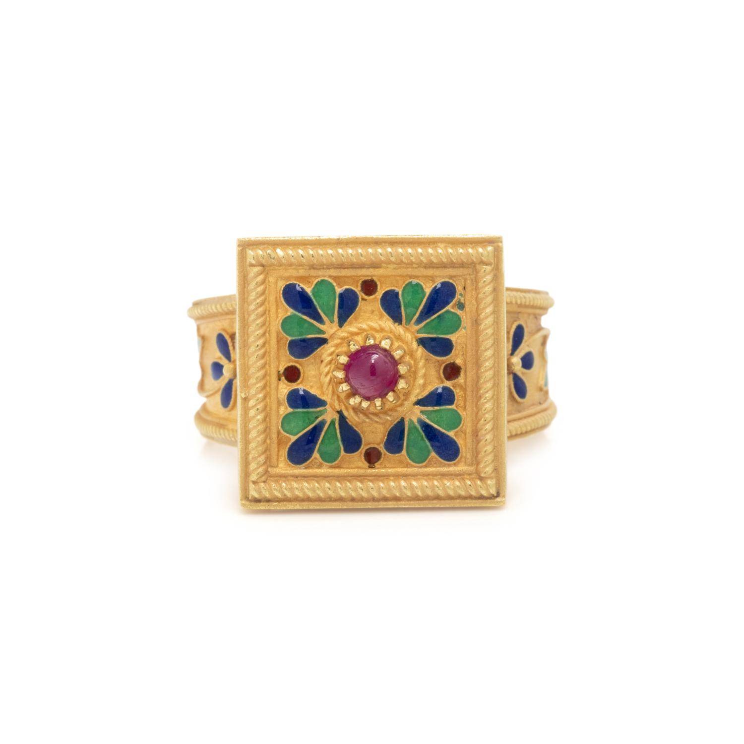 YELLOW GOLD, RUBY, AND ENAMEL RING