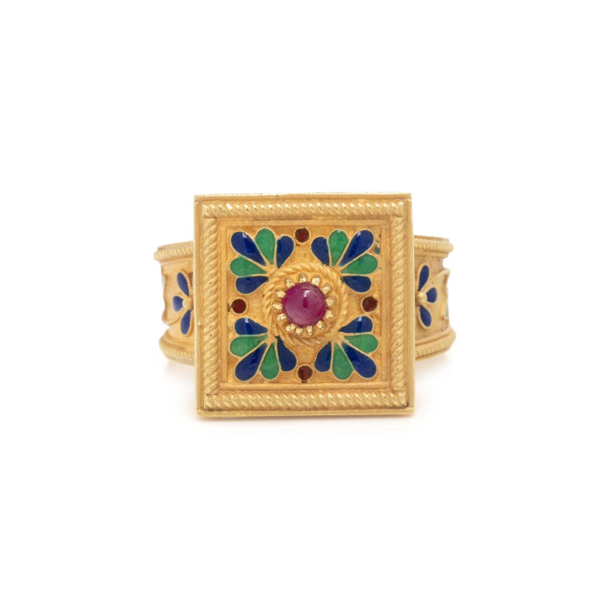 YELLOW GOLD, RUBY, AND ENAMEL RING