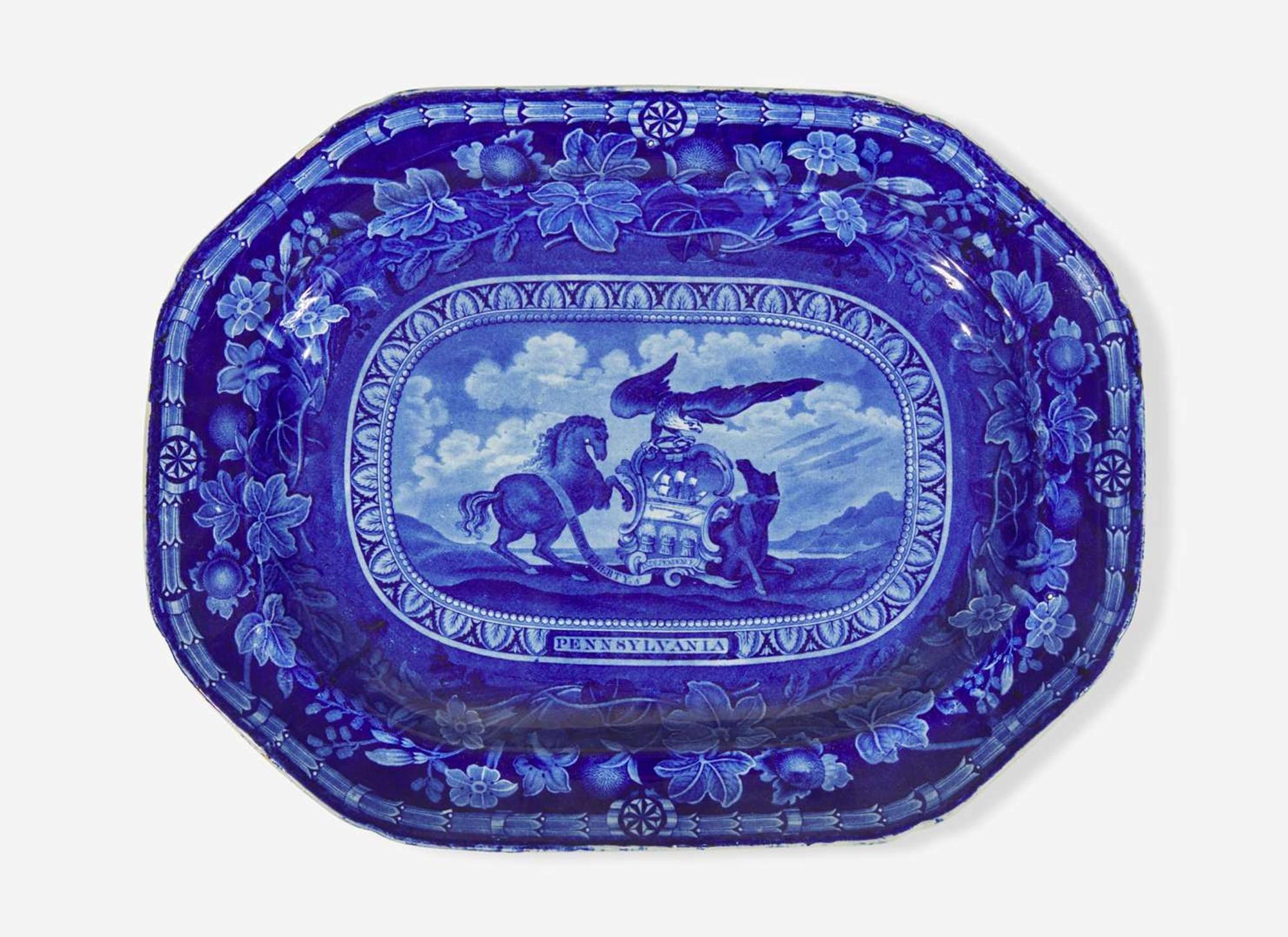 A rare Historical Blue Staffordshire "Arms of Pennsylvania" platter, Thomas Mayer, Stoke, Cliff Bank Works, circa 1830