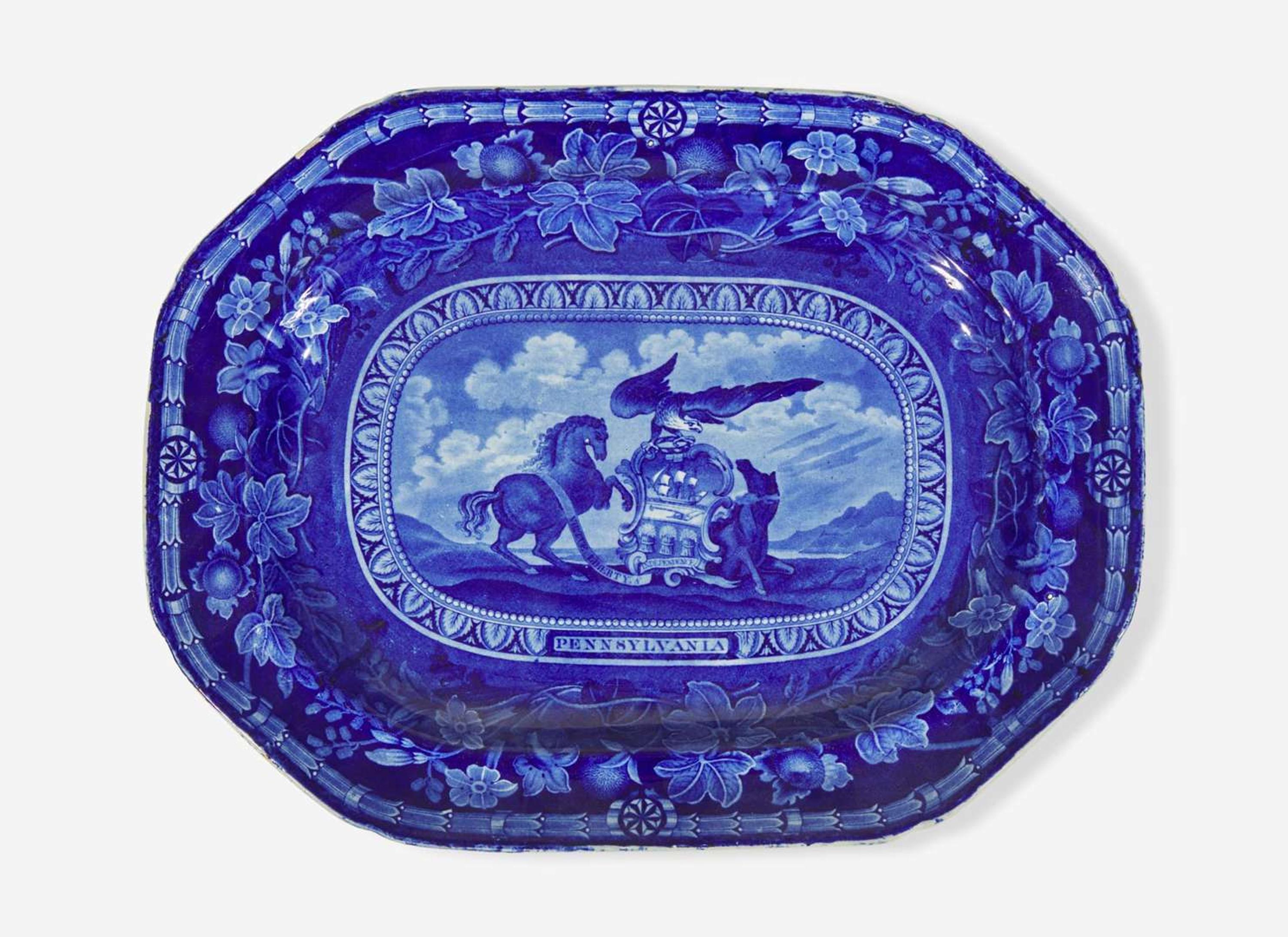 A rare Historical Blue Staffordshire "Arms of Pennsylvania" platter, Thomas Mayer, Stoke, Cliff Bank Works, circa 1830
