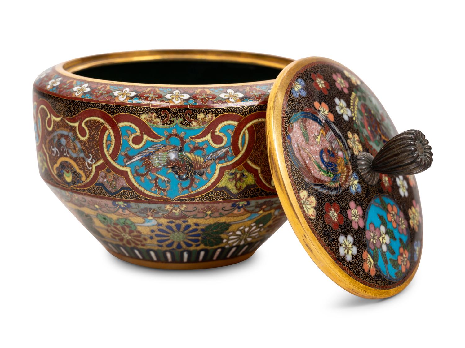 Seven Japanese Brown Ground Cloisonné Enameled Articles