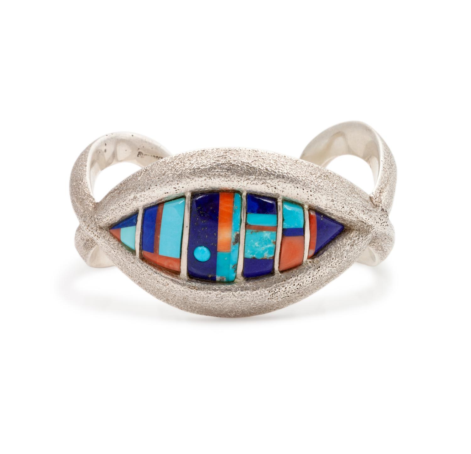 Tufa Cast Cuff, with Turquoise, Coral and Lapis Inlay Lot is located and will ship from Denver, Colorado.