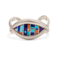 Tufa Cast Cuff, with Turquoise, Coral and Lapis Inlay Lot is located and will ship from Denver, Colorado.