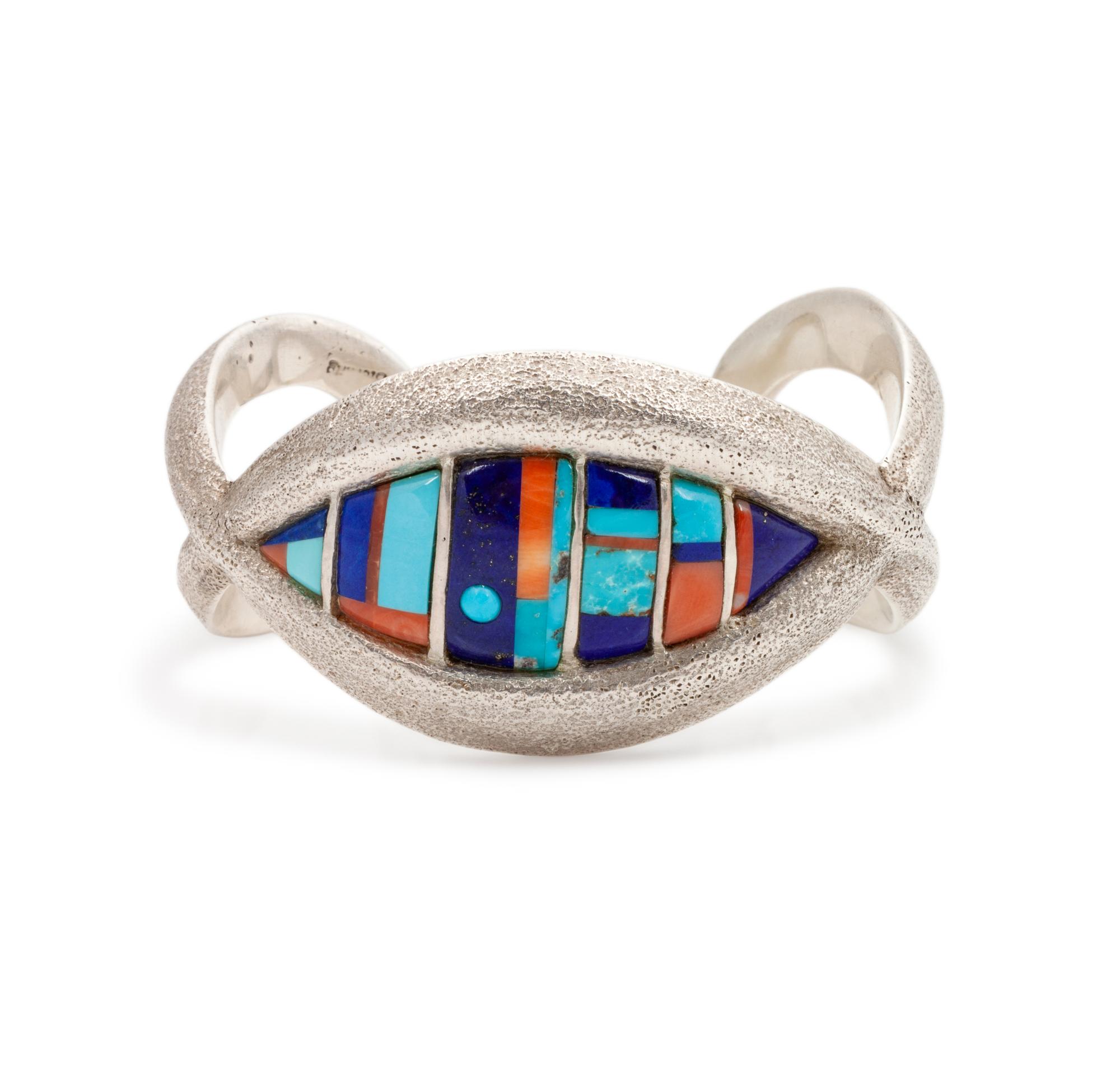 Tufa Cast Cuff, with Turquoise, Coral and Lapis Inlay Lot is located and will ship from Denver, Colorado.