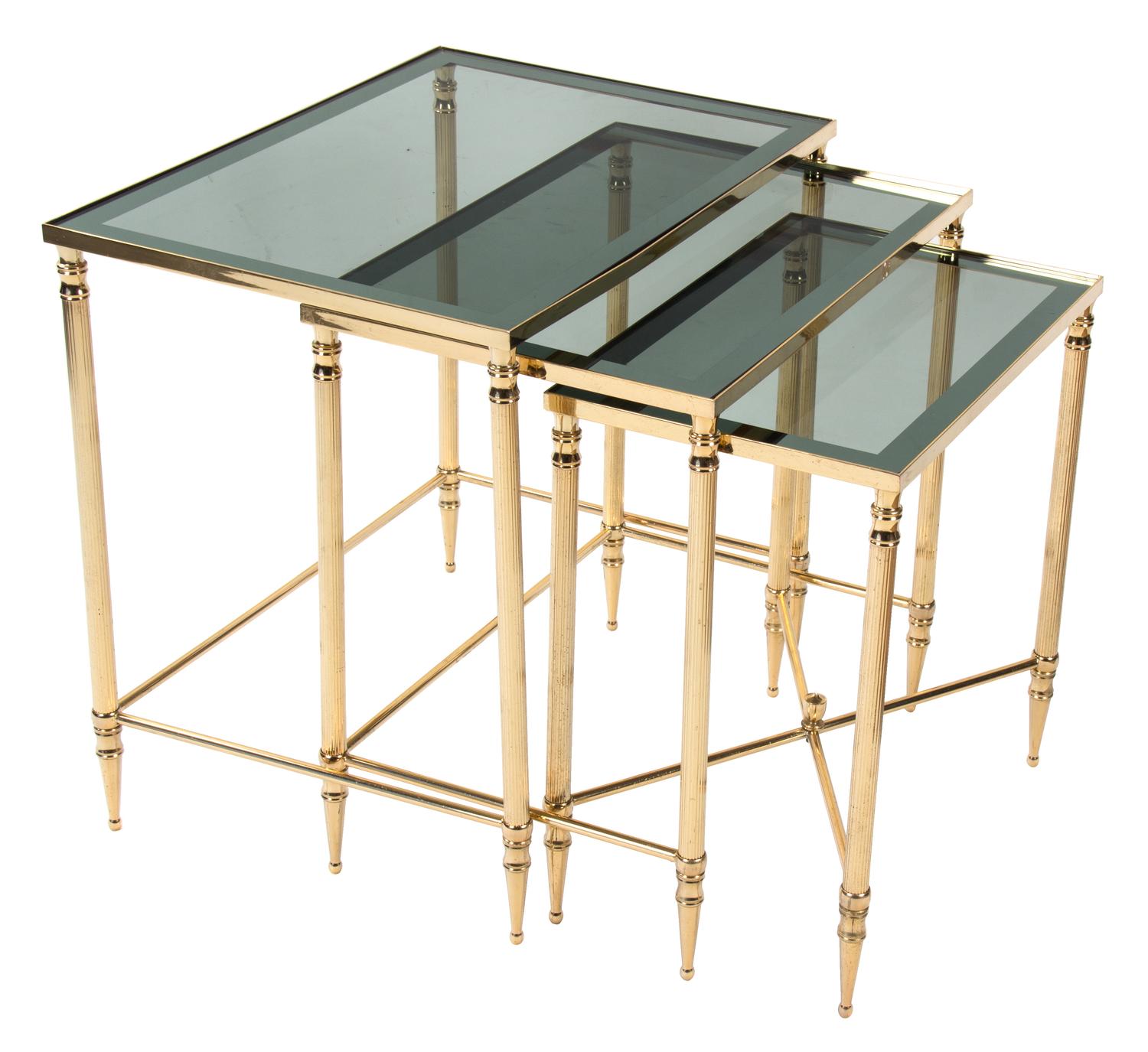 A Maison Bagues Brass Set of Nesting Tables Height of tallest 22 inches. — MID 20TH CENTURY