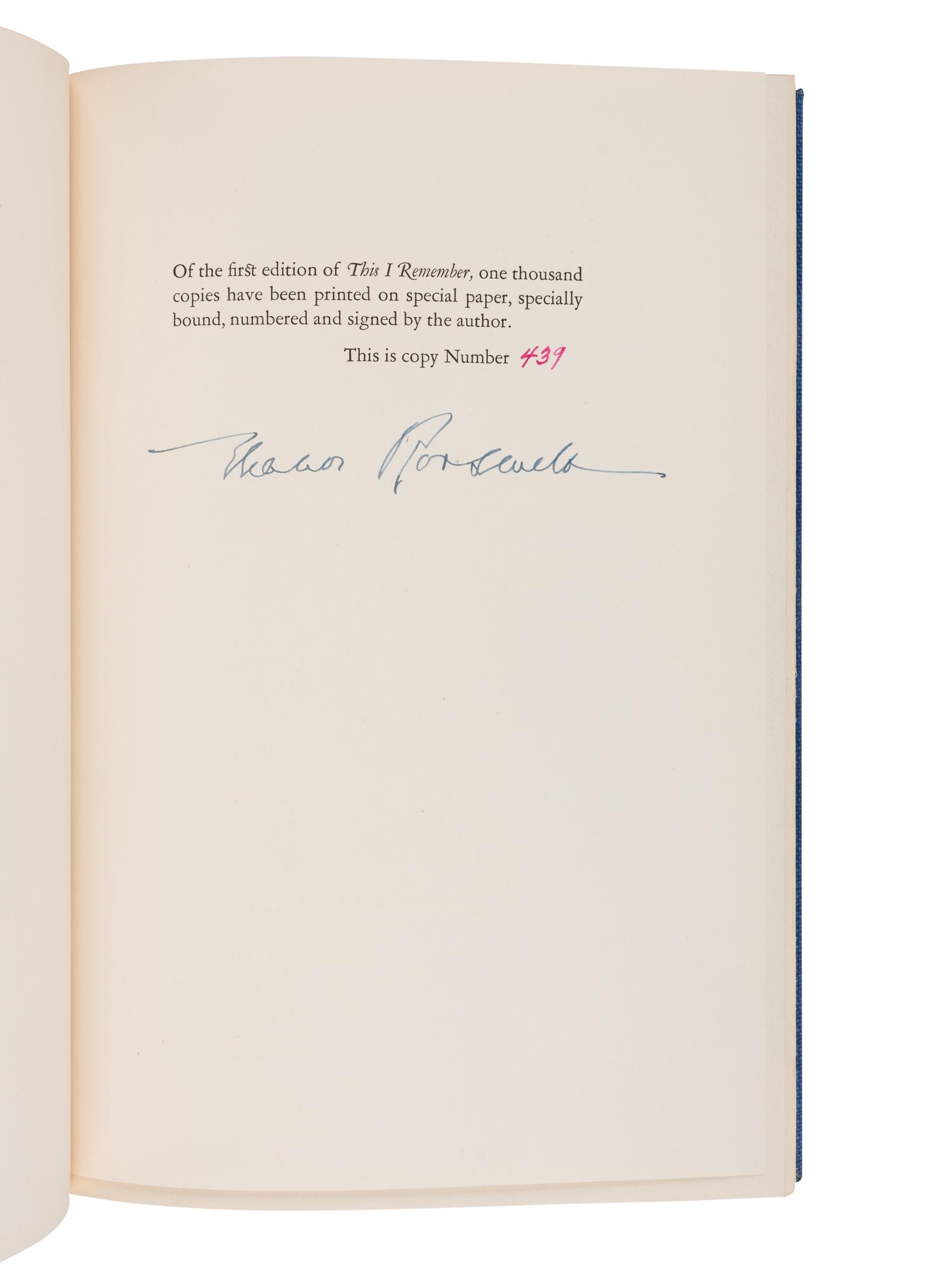 ROOSEVELT, Eleanor (1884-1962). This I Remember . New York: Harper & Brothers, 1949.