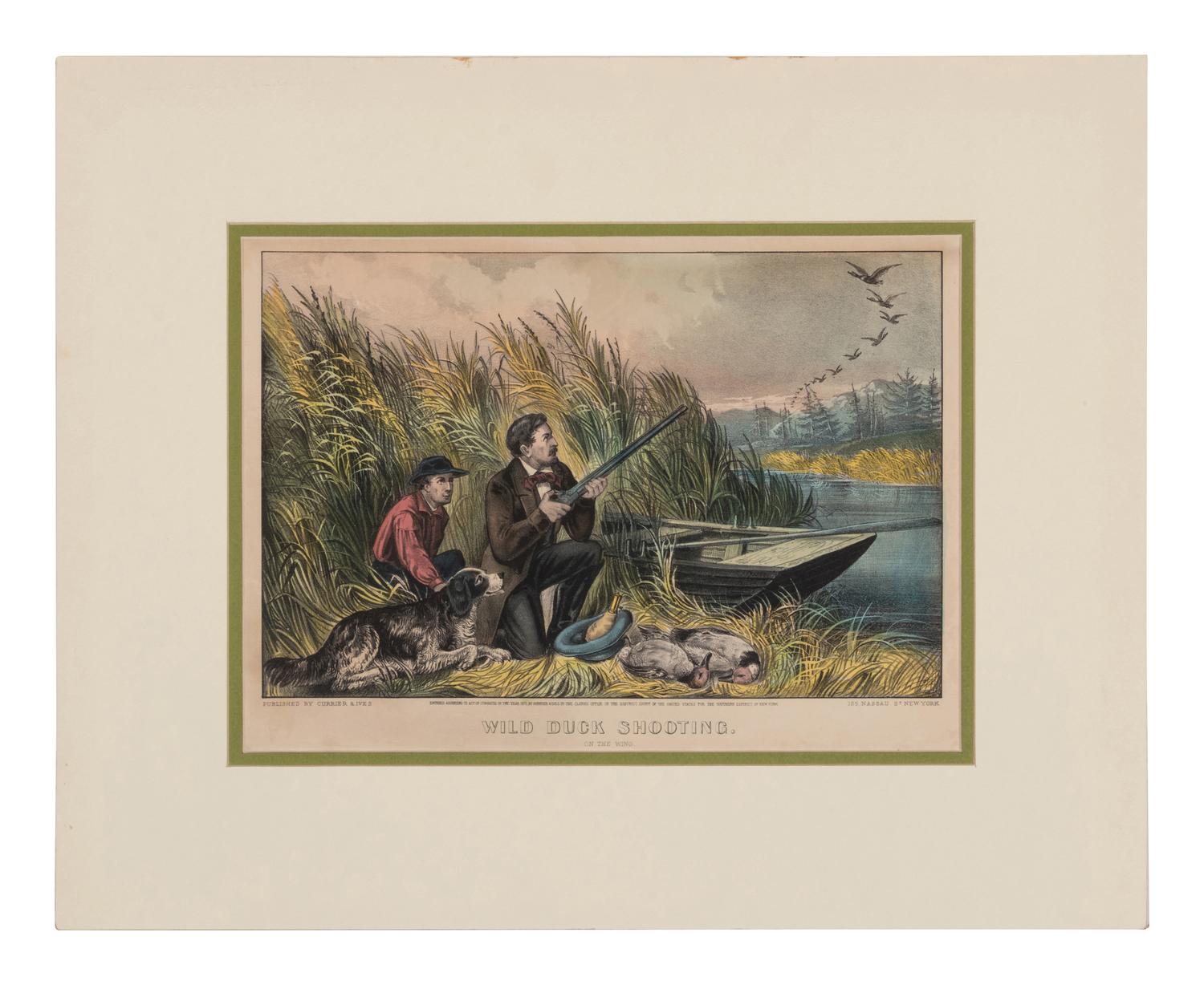 [HUNTING & SPORTING SCENES] -- CURRIER and IVES, publishers Deer Shooting. In the Northern Woods, n.d. (G.1672). -- And another copy. -- Partridge Shooting, No. 174, 1855. (G.5113). -- Partridge Shooting, 1870.(G. 5115). -- Wild Duck Shooting. On the Wing, 1870. (G.7213). -- The Rubber. "Put to His Trumps," n.d. (G.5687).