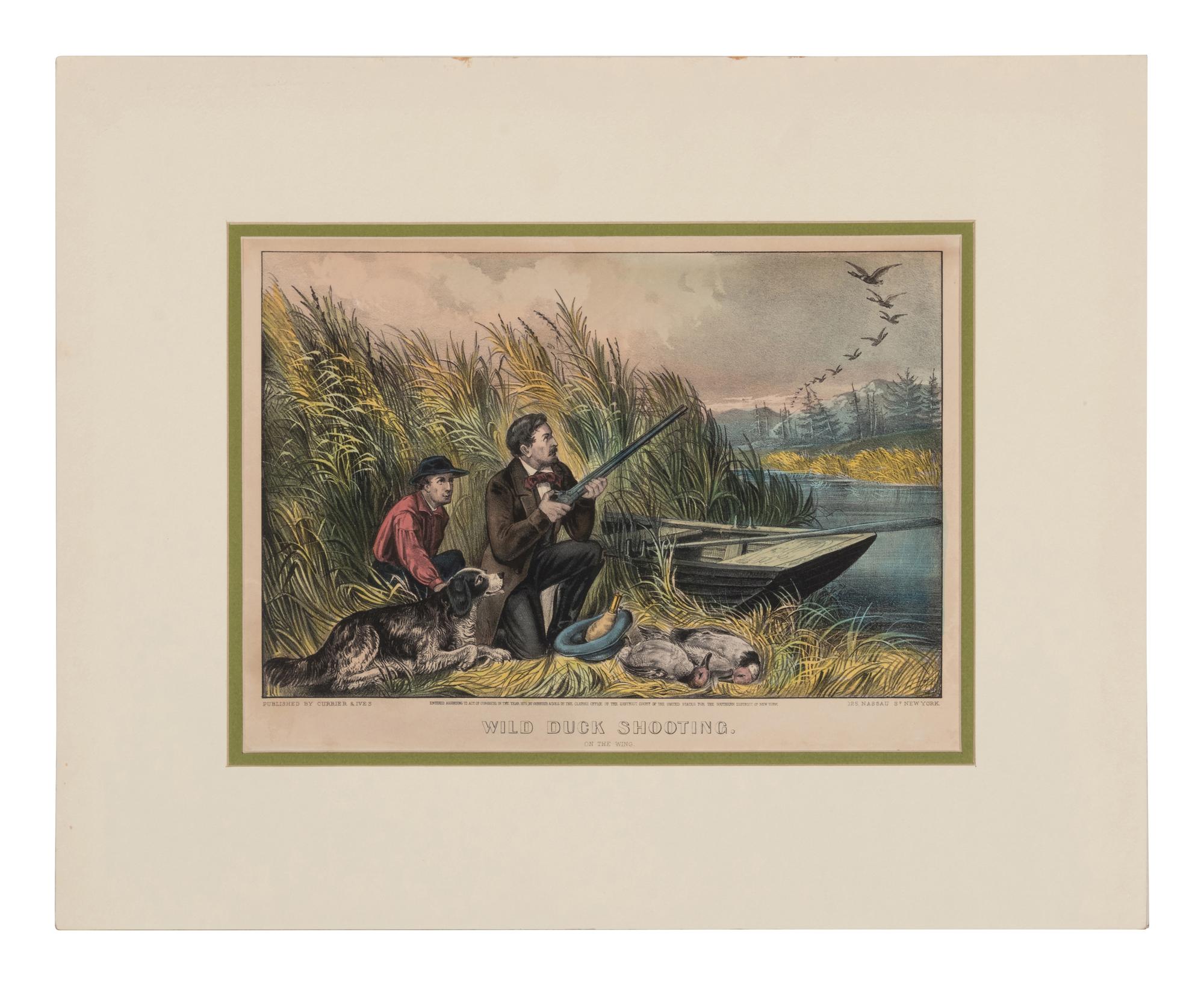 [HUNTING & SPORTING SCENES] -- CURRIER and IVES, publishers Deer Shooting. In the Northern Woods, n.d. (G.1672). -- And another copy. -- Partridge Shooting, No. 174, 1855. (G.5113). -- Partridge Shooting, 1870.(G. 5115). -- Wild Duck Shooting. On the Wing, 1870. (G.7213). -- The Rubber. "Put to His Trumps," n.d. (G.5687).