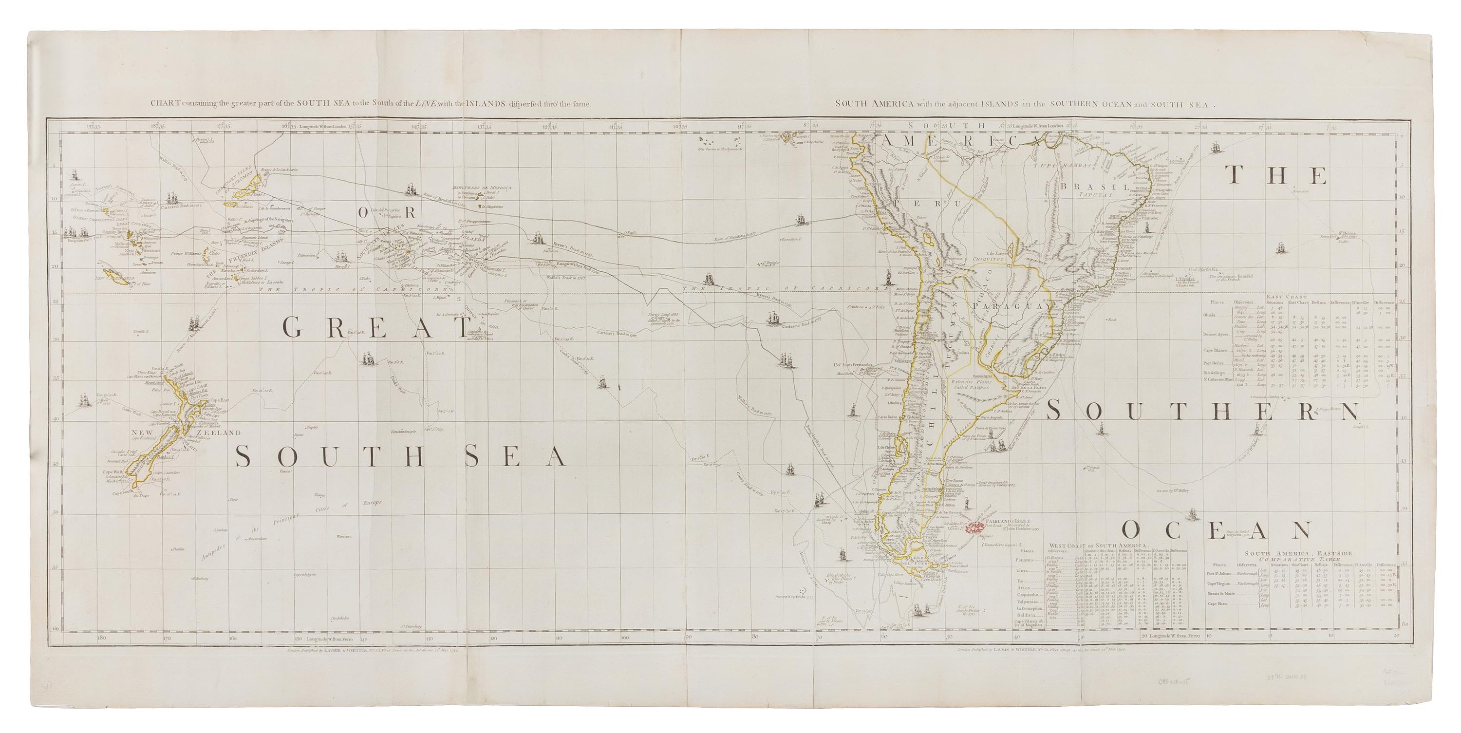 LAURIE, Robert and James WHITTLE. Chart Containing the Greater Part of the South Sea to the South of the Line... London, 12 May 1794.