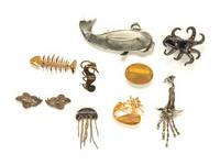 EIGHT MARINE LIFE BROOCHES AND A PAIR OF EAR CLIPS