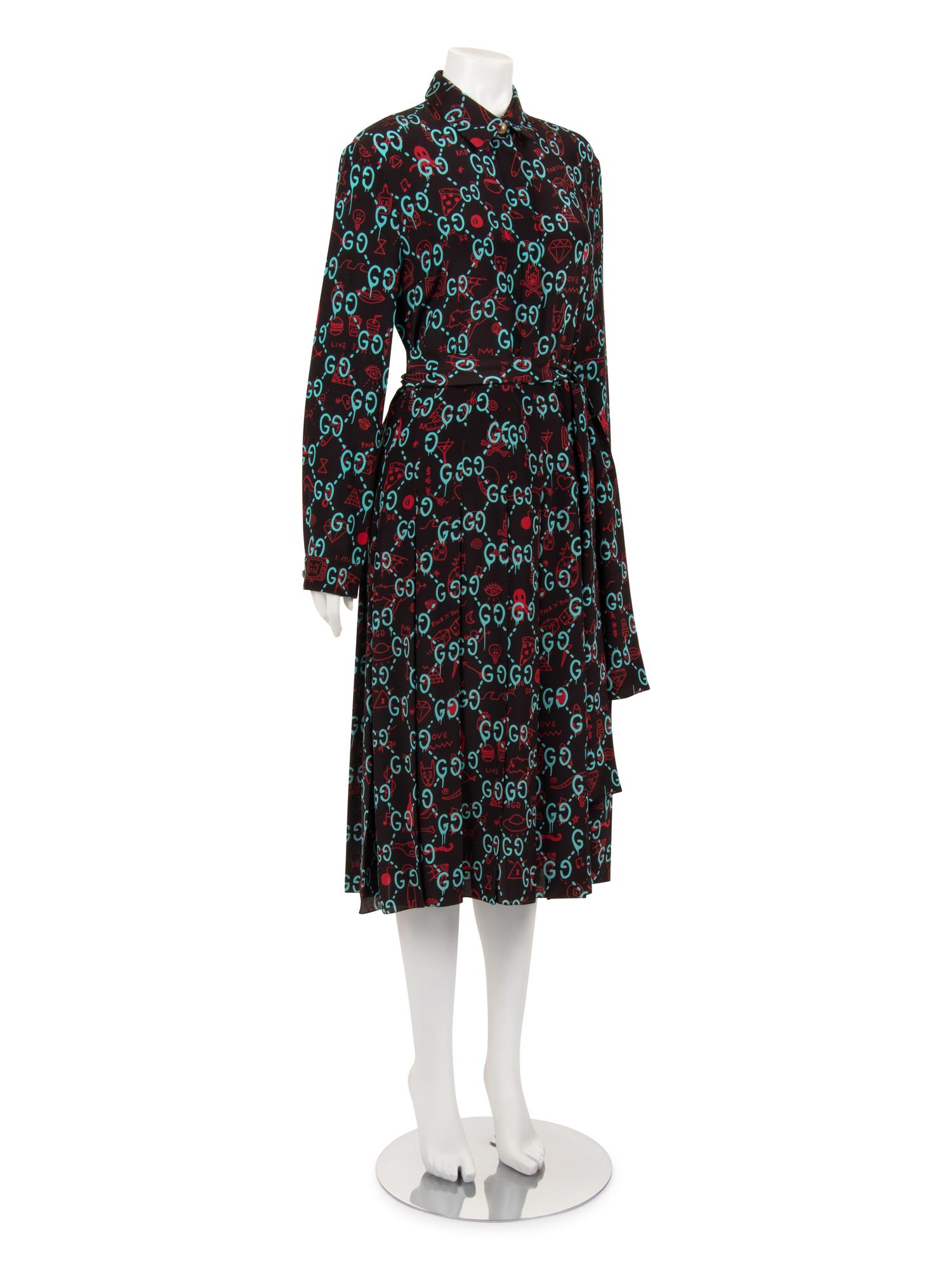 Gucci Silk Print Belted Dress with GG Logo, Spring 2017