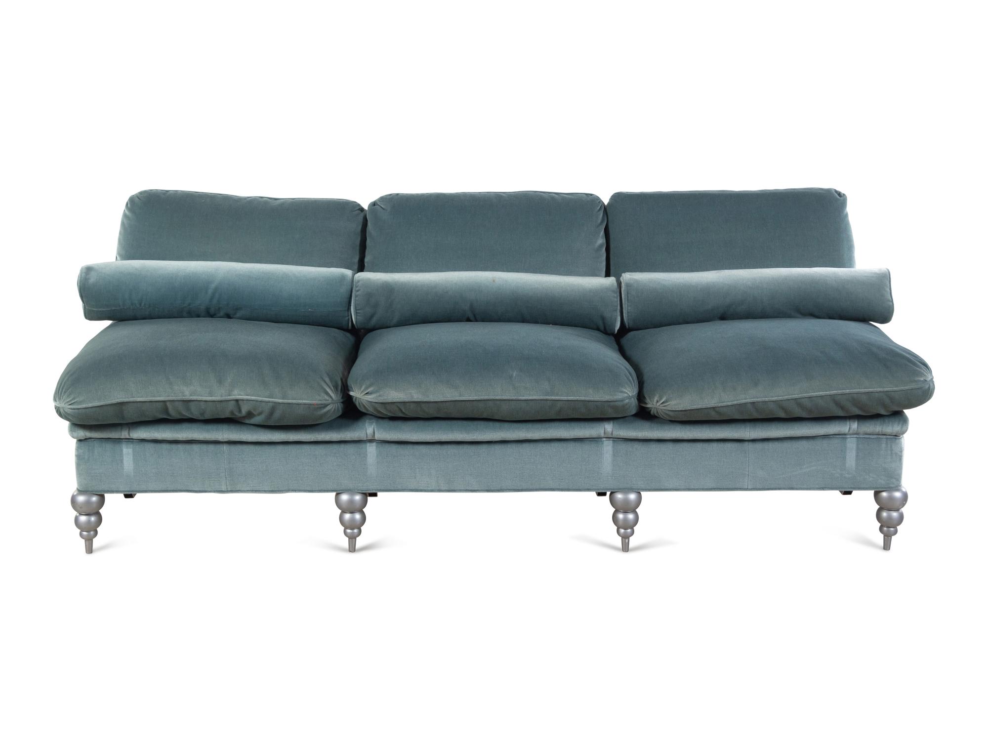 A Custom Velvet-Upholstered Three-Seat Banquette
