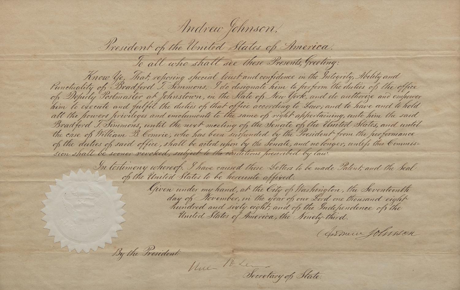 [Presidential] Johnson, Andrew. Manuscript Document, signed