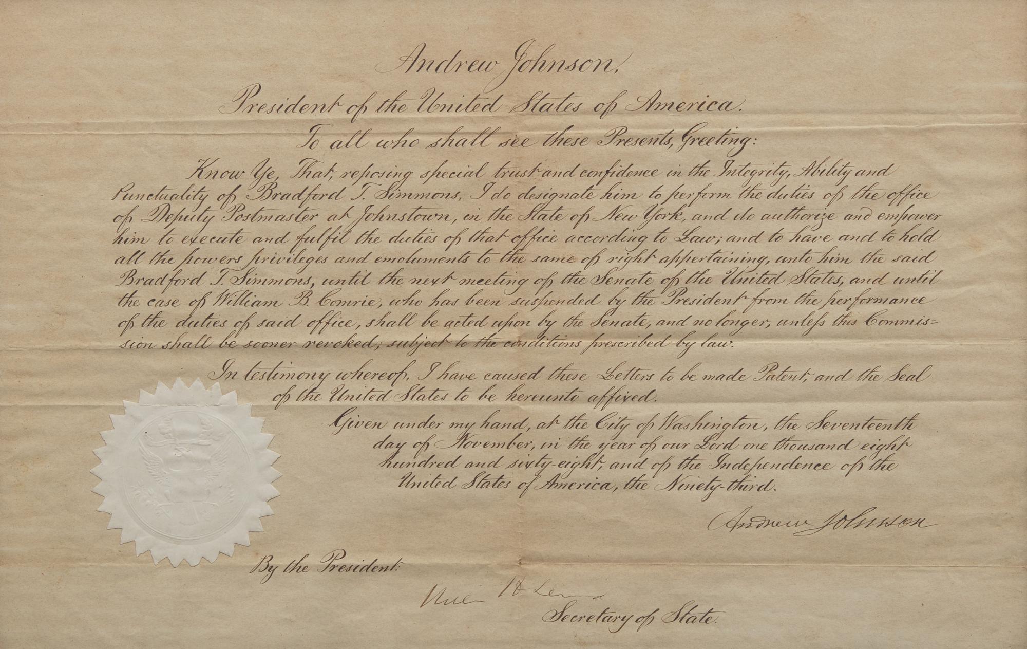 [Presidential] Johnson, Andrew. Manuscript Document, signed