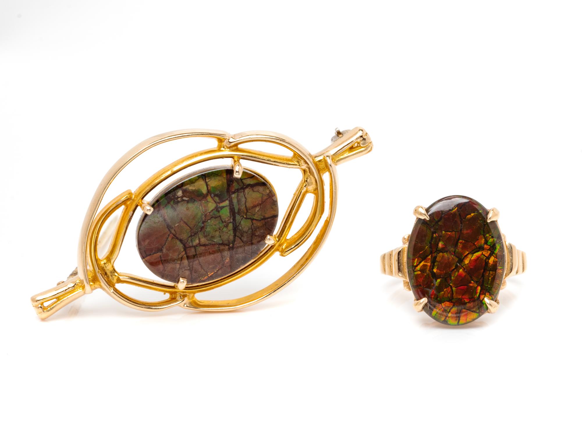 A Collection of 14 Karat Yellow Gold and Ammolite Triplet Jewelry,
