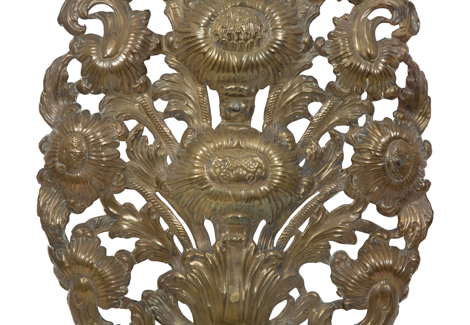 A Pair of Dutch Chased Brass Two-Light Sconces