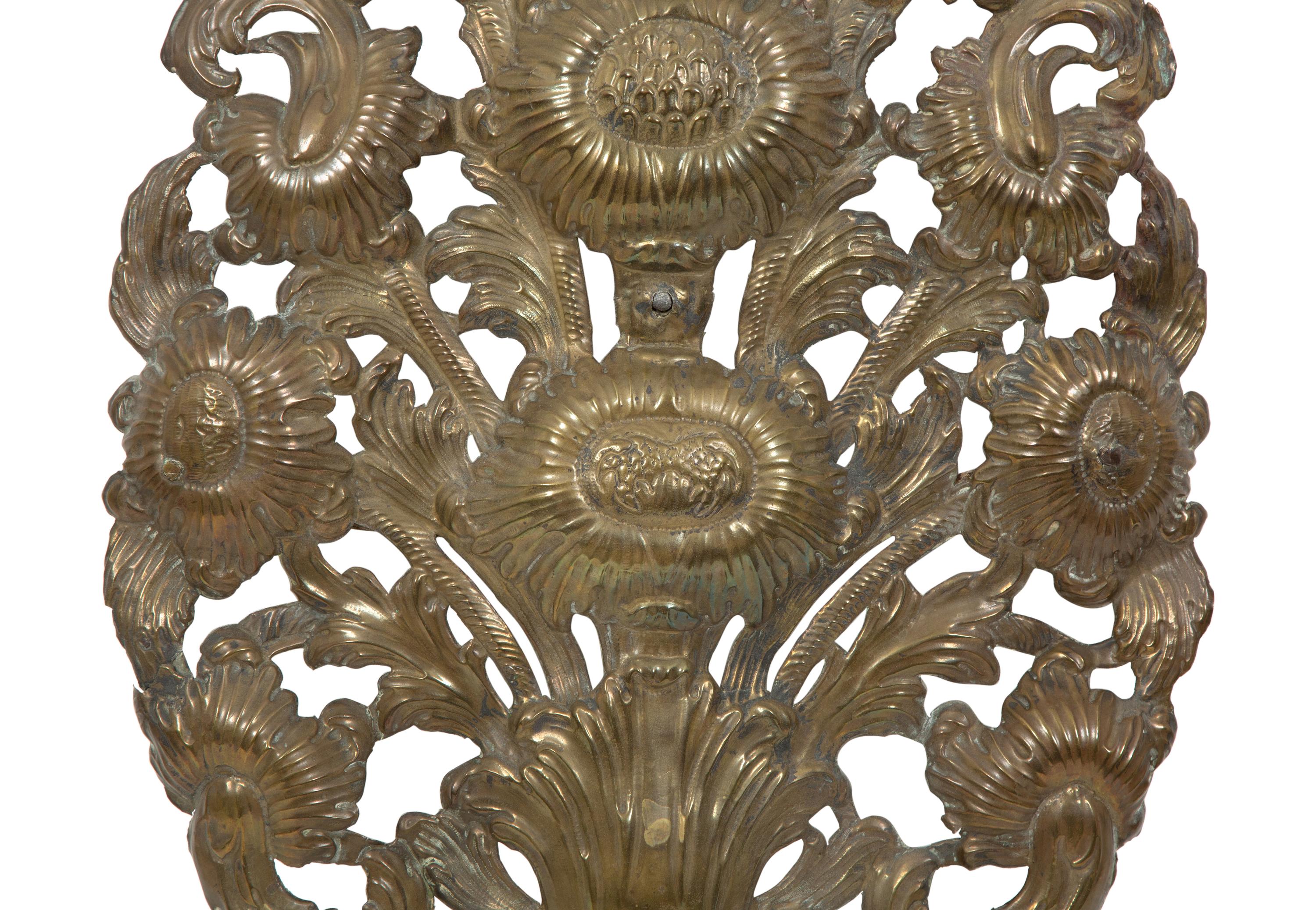 A Pair of Dutch Chased Brass Two-Light Sconces