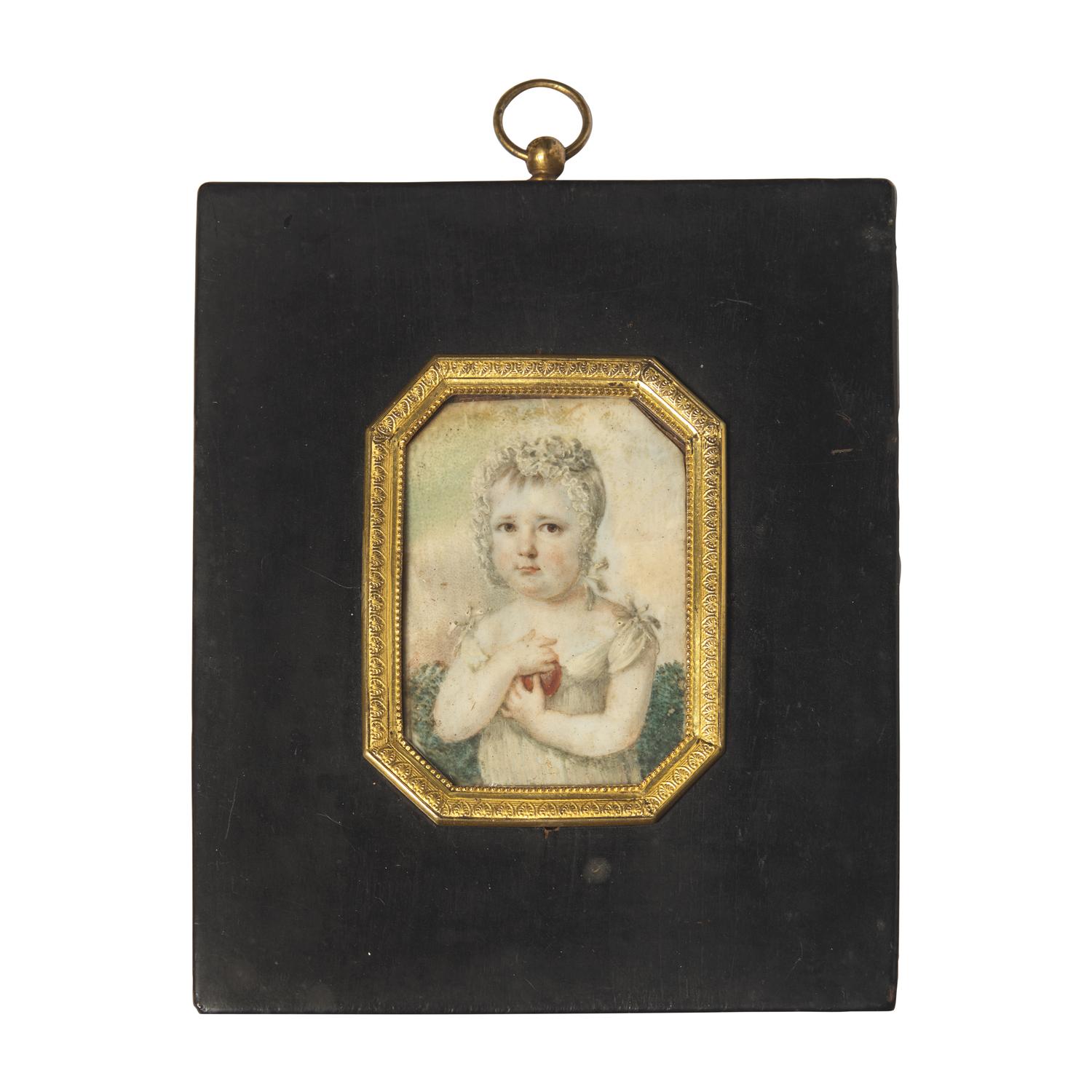 Anglo-American School 19th Century, A Portrait Miniature of a Baby with Apple