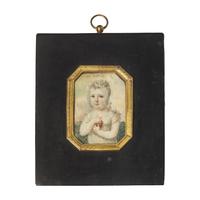 Anglo-American School 19th Century, A Portrait Miniature of a Baby with Apple