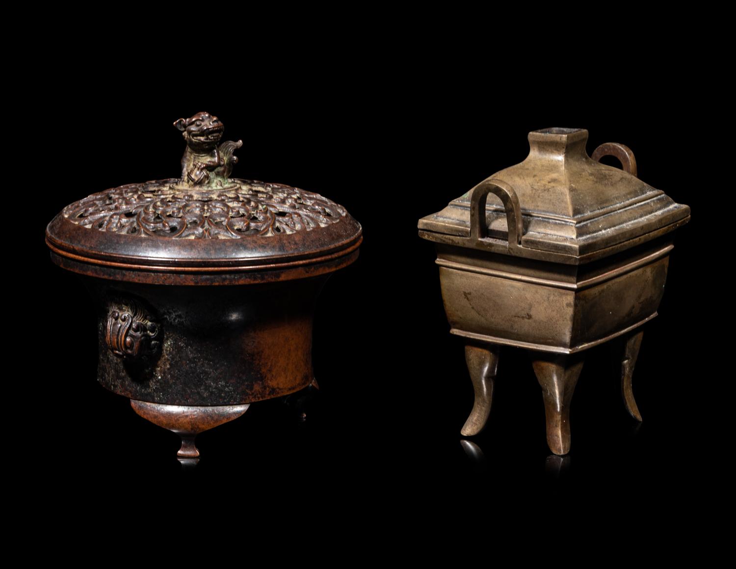 Two Chinese Bronze Incense Burners and Covers
